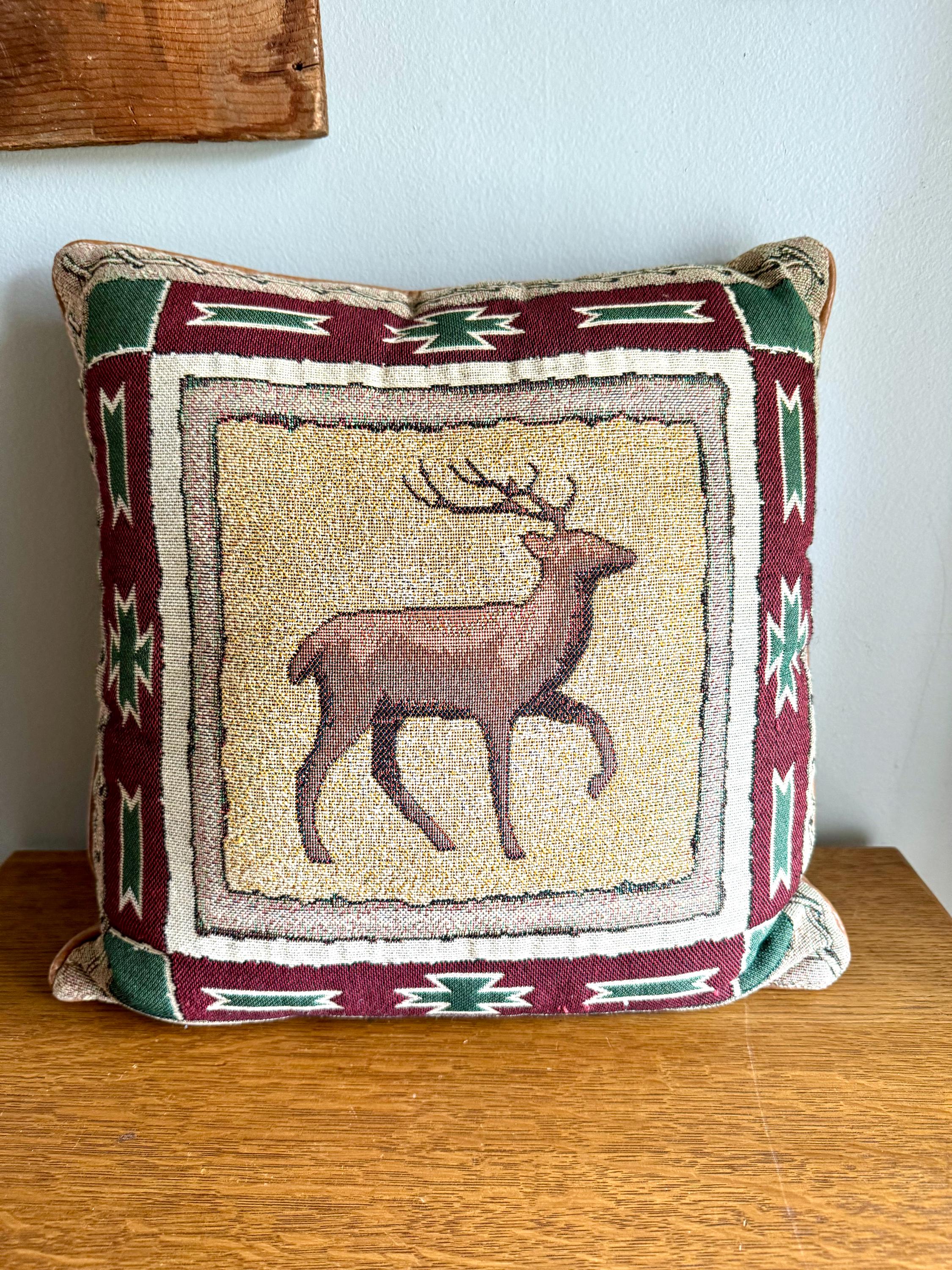 Vtg Dick Idol Furniture Designer Style Woven Deer Tapestry Pillow | Dick Idol Style Tapestry Pillow | Leather and Tapestry Cabin Pillow