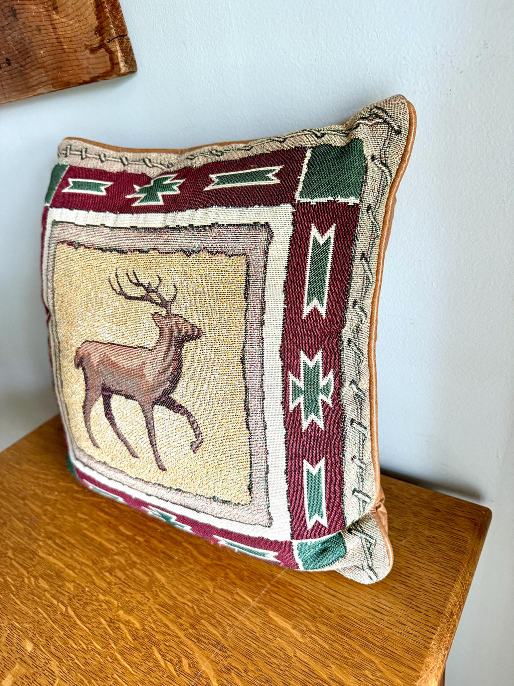 Vtg Dick Idol Furniture Designer Style Woven Deer Tapestry Pillow | Dick Idol Style Tapestry Pillow | Leather and Tapestry Cabin Pillow
