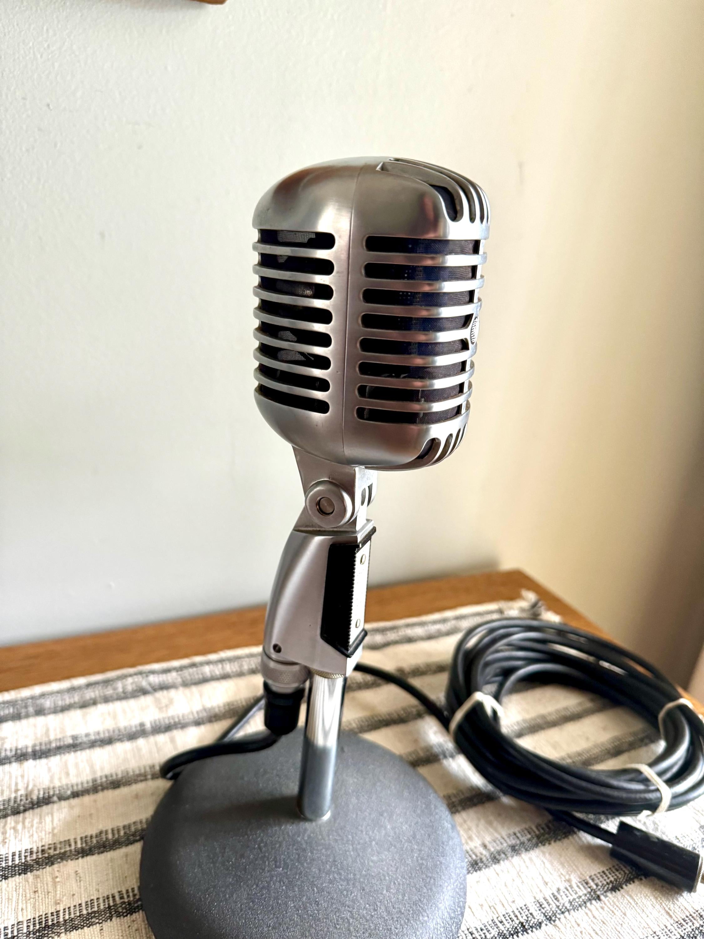 Vtg Shure Brothers Unidyne 55S Microphone | Unidyne Dynamic 55S Microphone on Stand | Chrome Microphone | Elvis Microphone