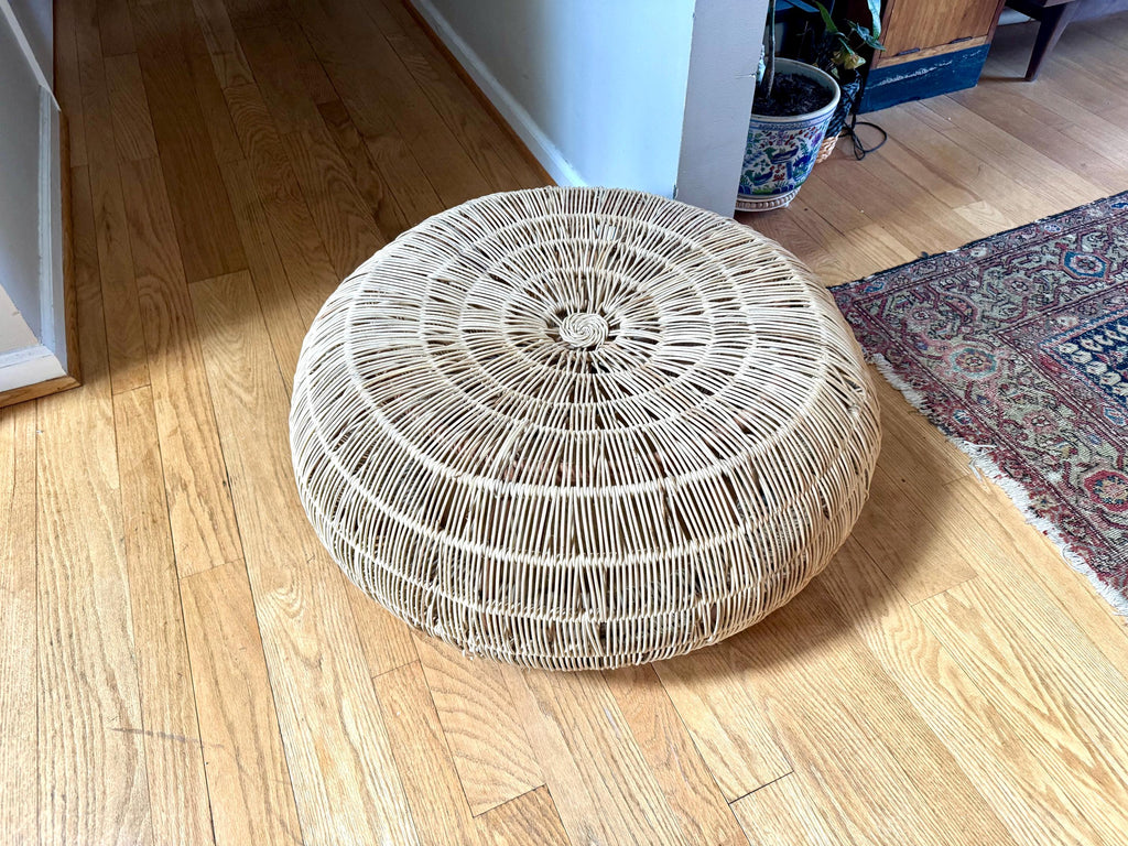 Vintage Woven Rattan Round Ottoman | Woven Wicker Round Coffee Table | Round Boho Style Table | Woven Wicker Ottoman