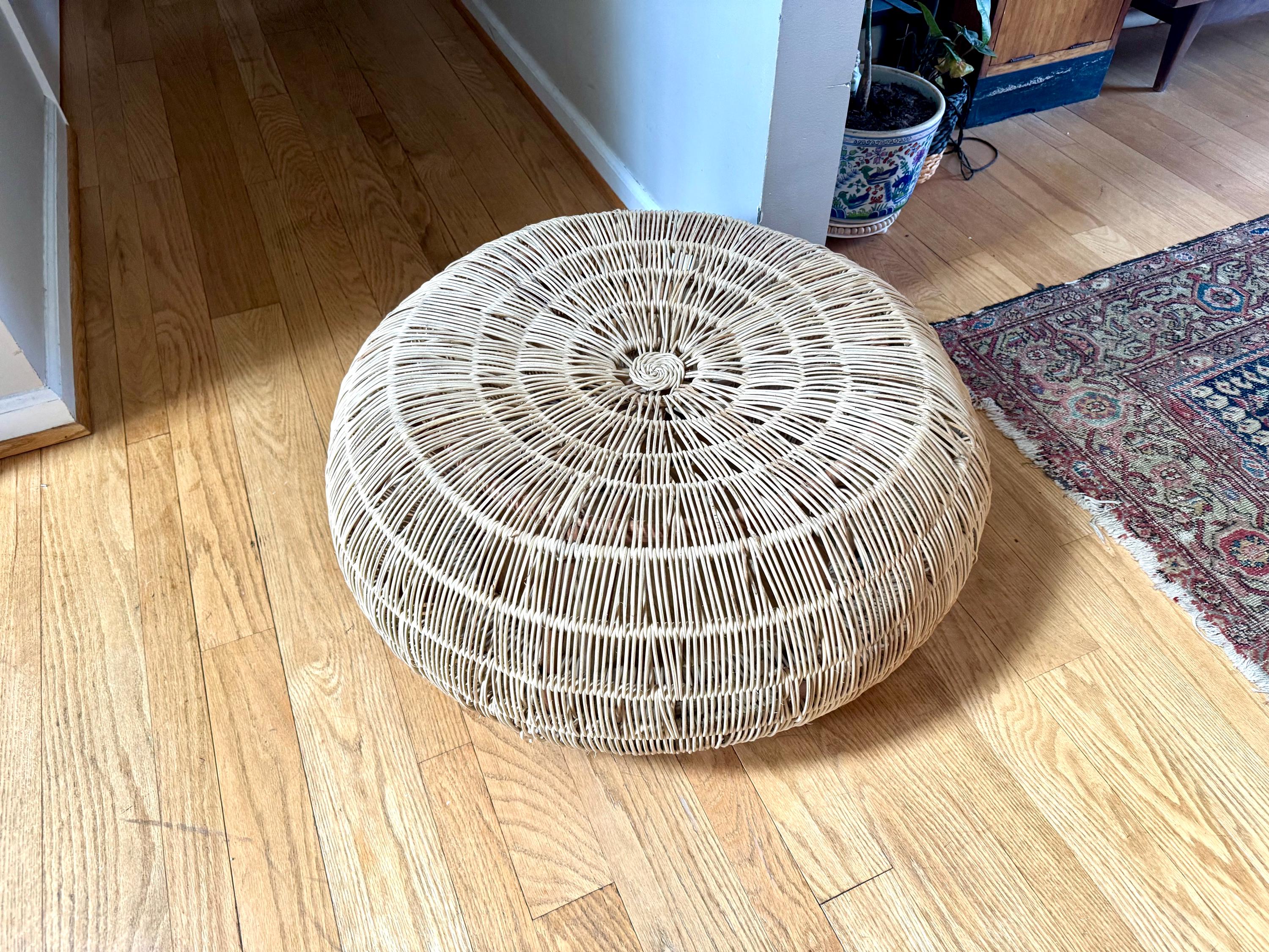 Vintage Woven Rattan Round Ottoman | Woven Wicker Round Coffee Table | Round Boho Style Table | Woven Wicker Ottoman