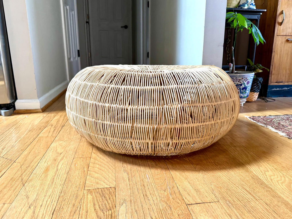 Vintage Woven Rattan Round Ottoman | Woven Wicker Round Coffee Table | Round Boho Style Table | Woven Wicker Ottoman