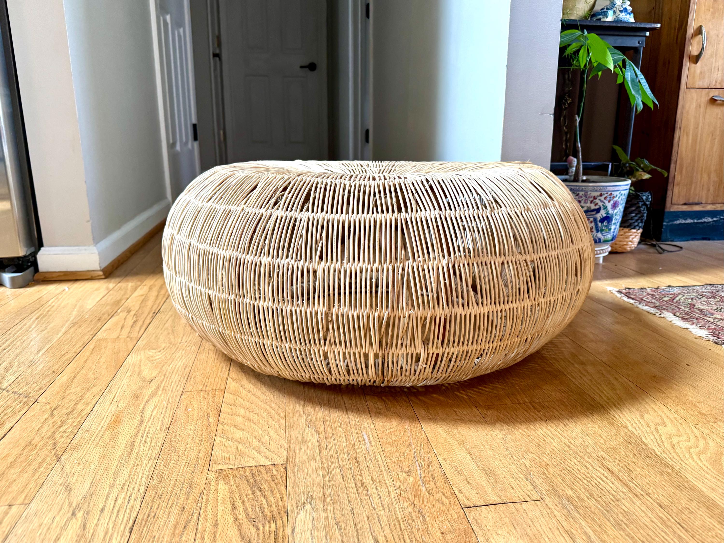 Vintage Woven Rattan Round Ottoman | Woven Wicker Round Coffee Table | Round Boho Style Table | Woven Wicker Ottoman