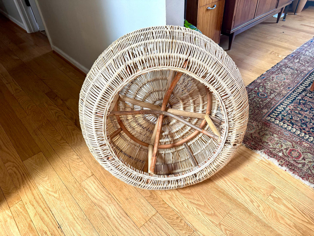 Vintage Woven Rattan Round Ottoman | Woven Wicker Round Coffee Table | Round Boho Style Table | Woven Wicker Ottoman