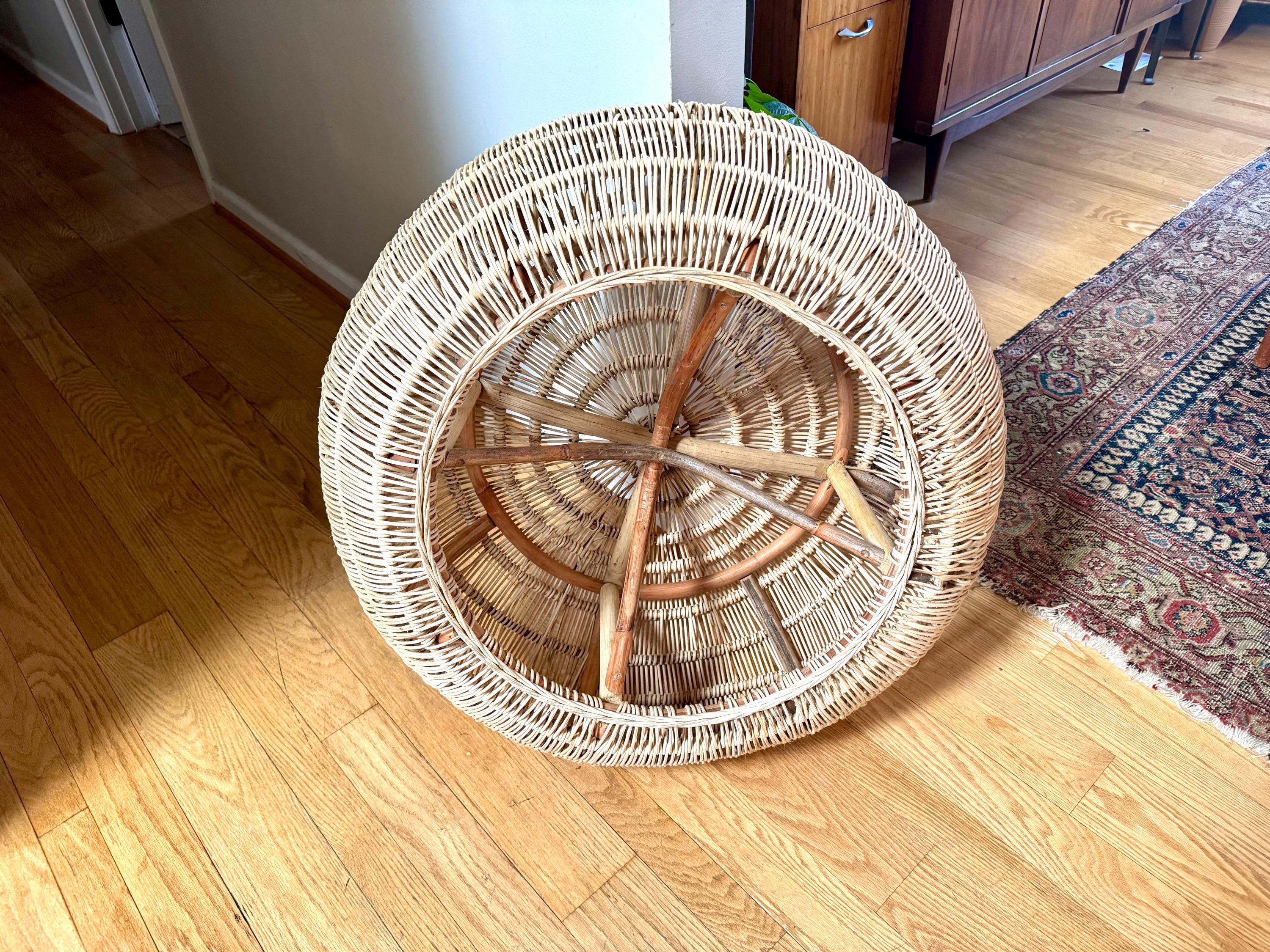 Vintage Woven Rattan Round Ottoman | Woven Wicker Round Coffee Table | Round Boho Style Table | Woven Wicker Ottoman