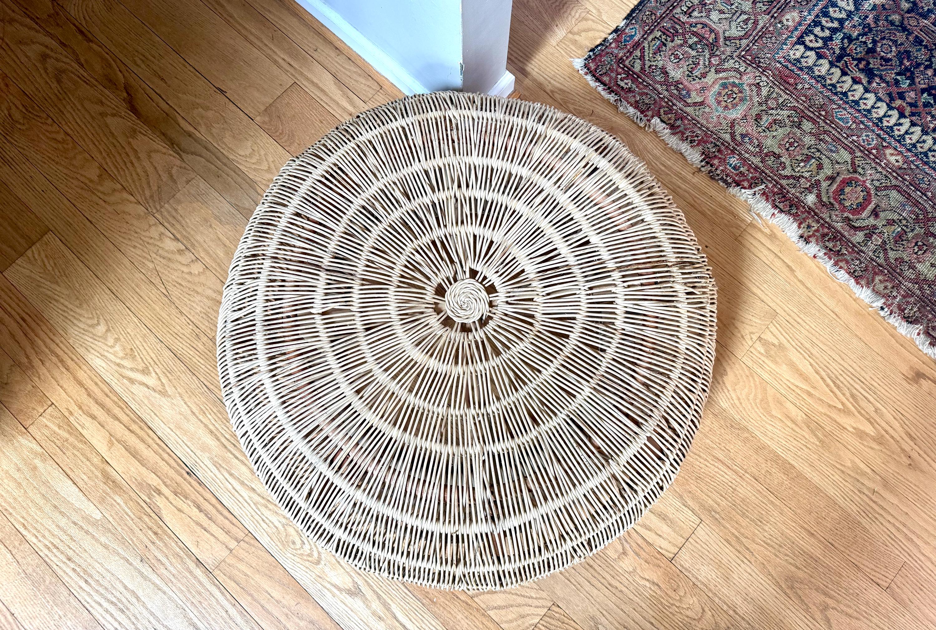 Vintage Woven Rattan Round Ottoman | Woven Wicker Round Coffee Table | Round Boho Style Table | Woven Wicker Ottoman