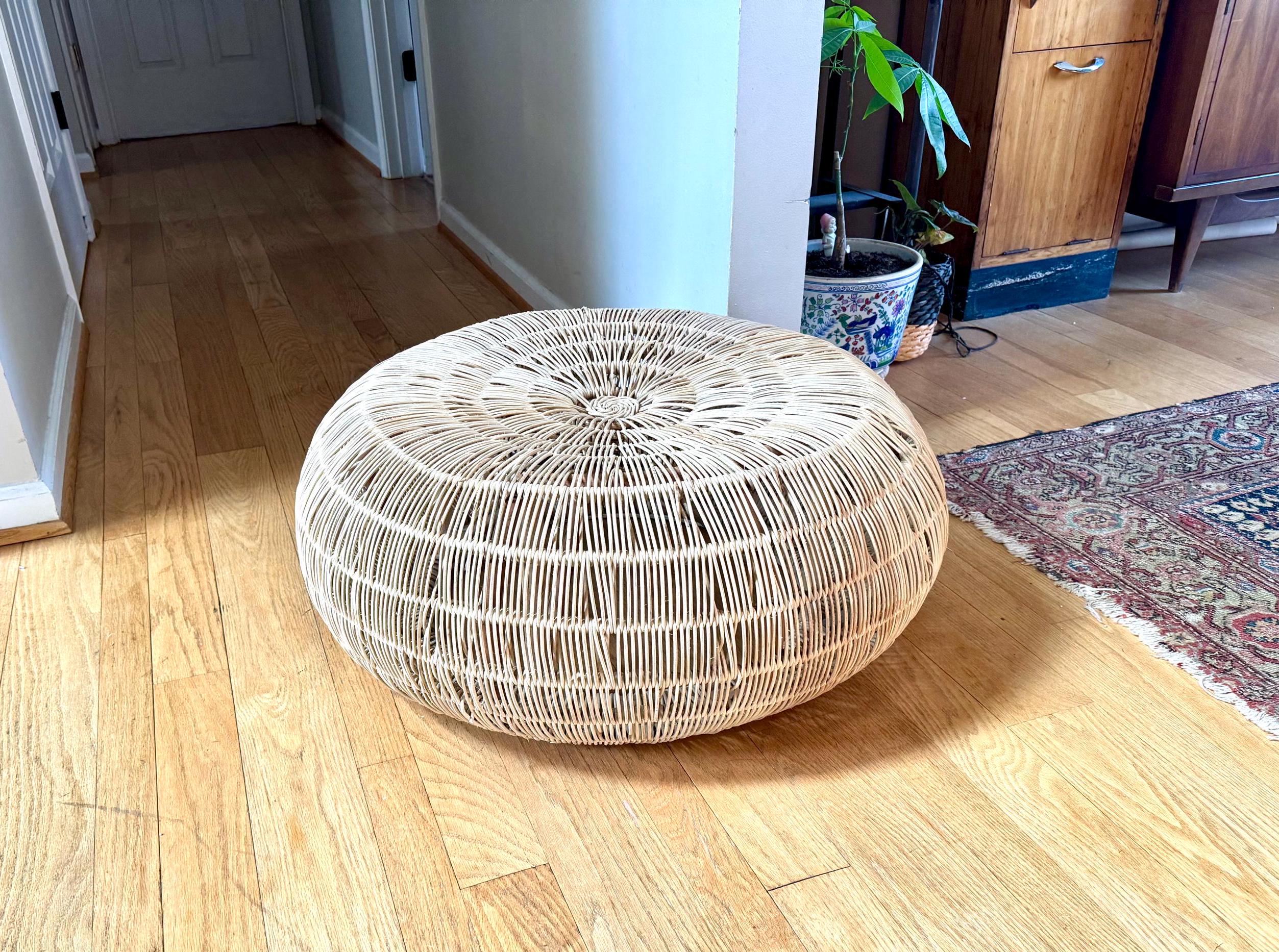 Vintage Woven Rattan Round Ottoman | Woven Wicker Round Coffee Table | Round Boho Style Table | Woven Wicker Ottoman