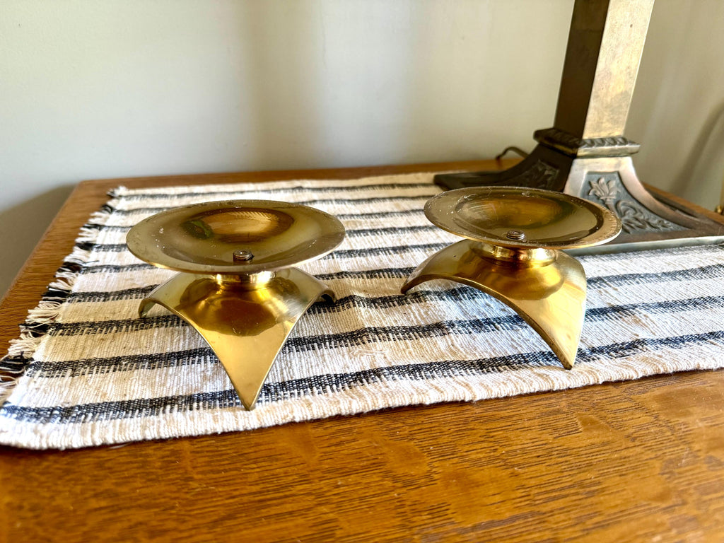 MCM Brass Pillar Candleholders | Asian Style Pagoda Style Candle Holders | Brass Atomic MCM Candle Holders
