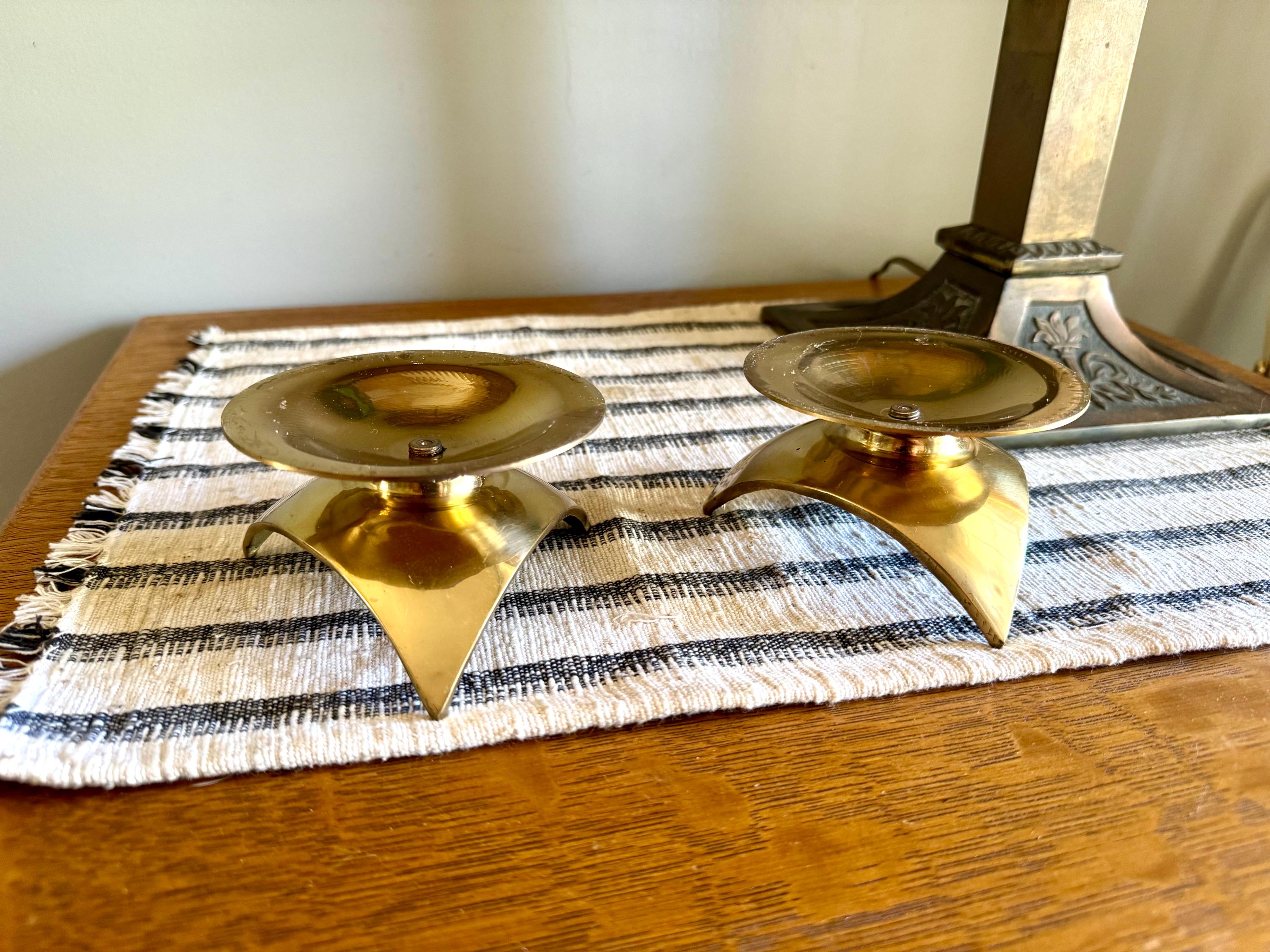 MCM Brass Pillar Candleholders | Asian Style Pagoda Style Candle Holders | Brass Atomic MCM Candle Holders
