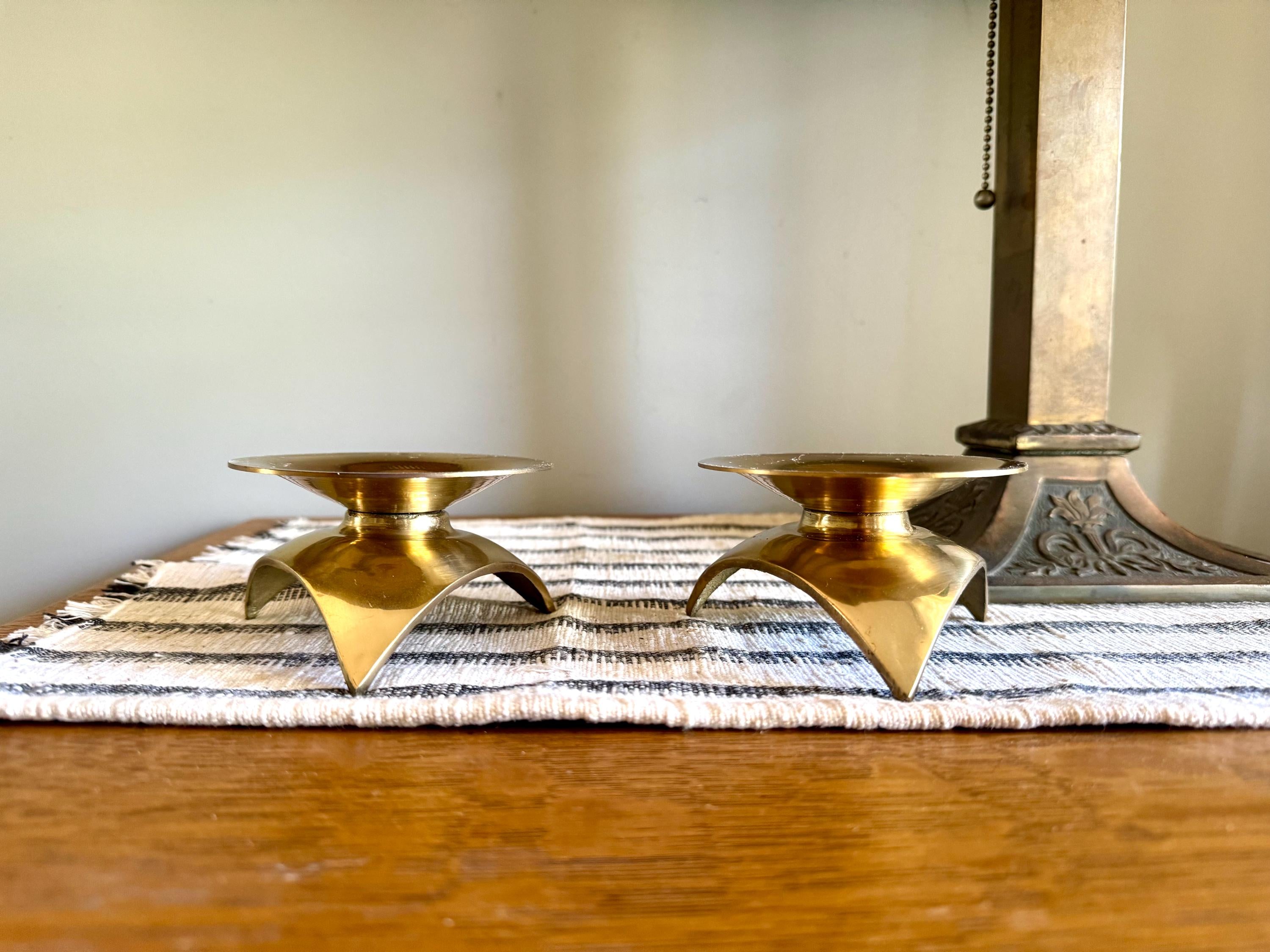 MCM Brass Pillar Candleholders | Asian Style Pagoda Style Candle Holders | Brass Atomic MCM Candle Holders