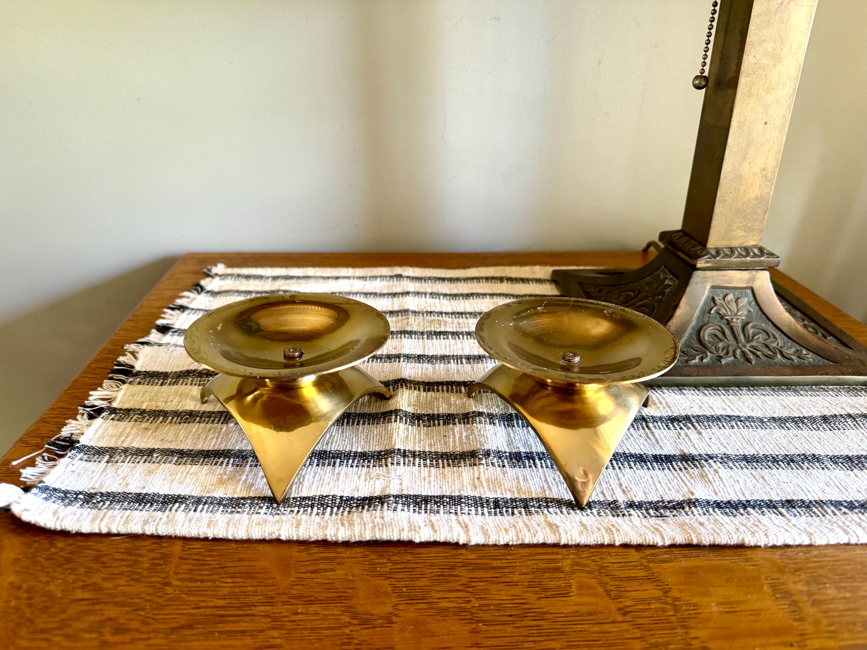 MCM Brass Pillar Candleholders | Asian Style Pagoda Style Candle Holders | Brass Atomic MCM Candle Holders