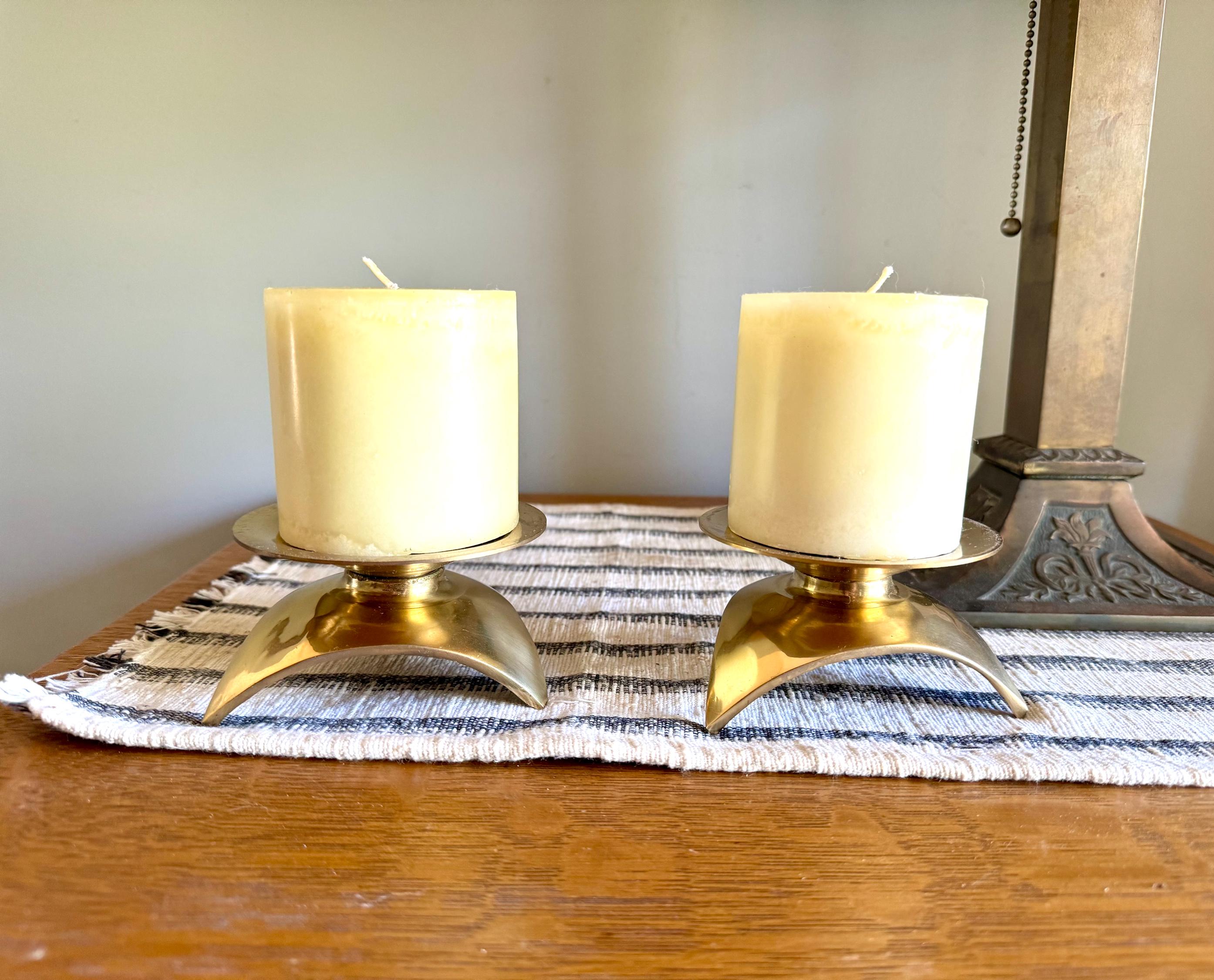 MCM Brass Pillar Candleholders | Asian Style Pagoda Style Candle Holders | Brass Atomic MCM Candle Holders