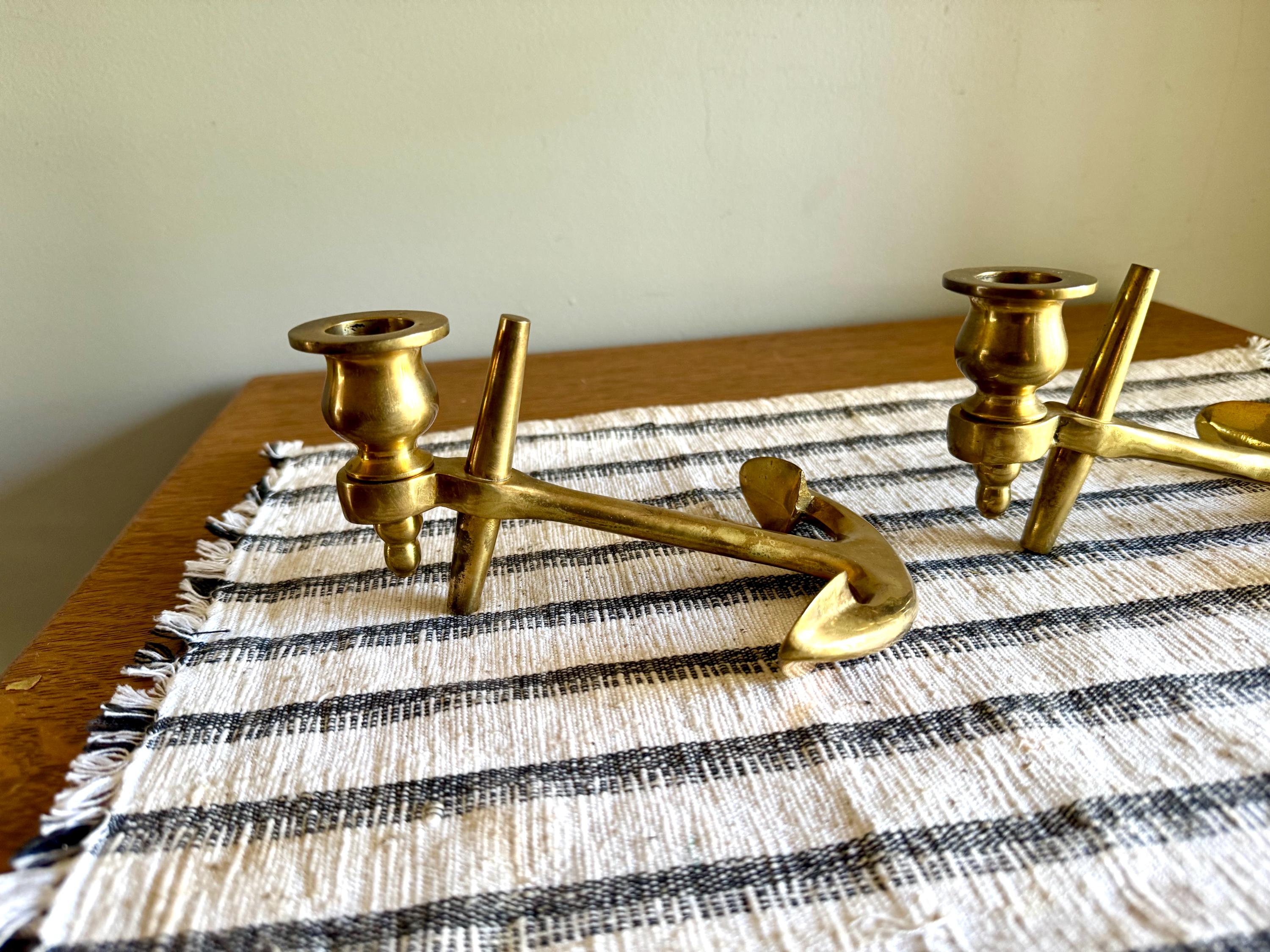 A Pair of Solid Brass Yachtsman Anchor Candle Holders | Solid Brass Boat Anchor Candlestick Holders | Brass Nautical Decor | Beach House Decor