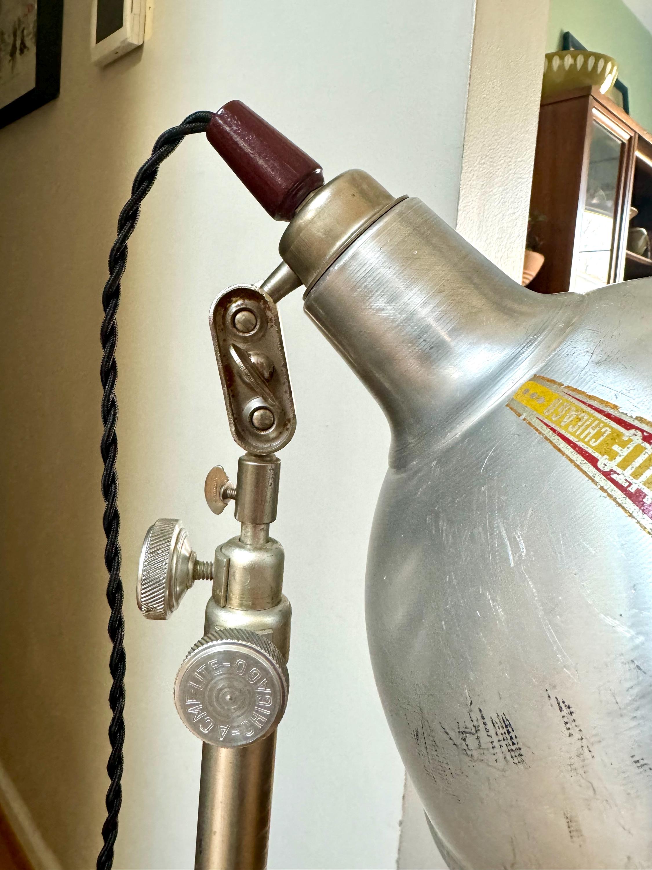 Aluminum Acme-Lite Tripod Lamp | Vintage Maroon Acme Tripod Clamp Lamp | Acme-Lite Work Lamp | Telescoping Photography Lamp | Workstation Lamp