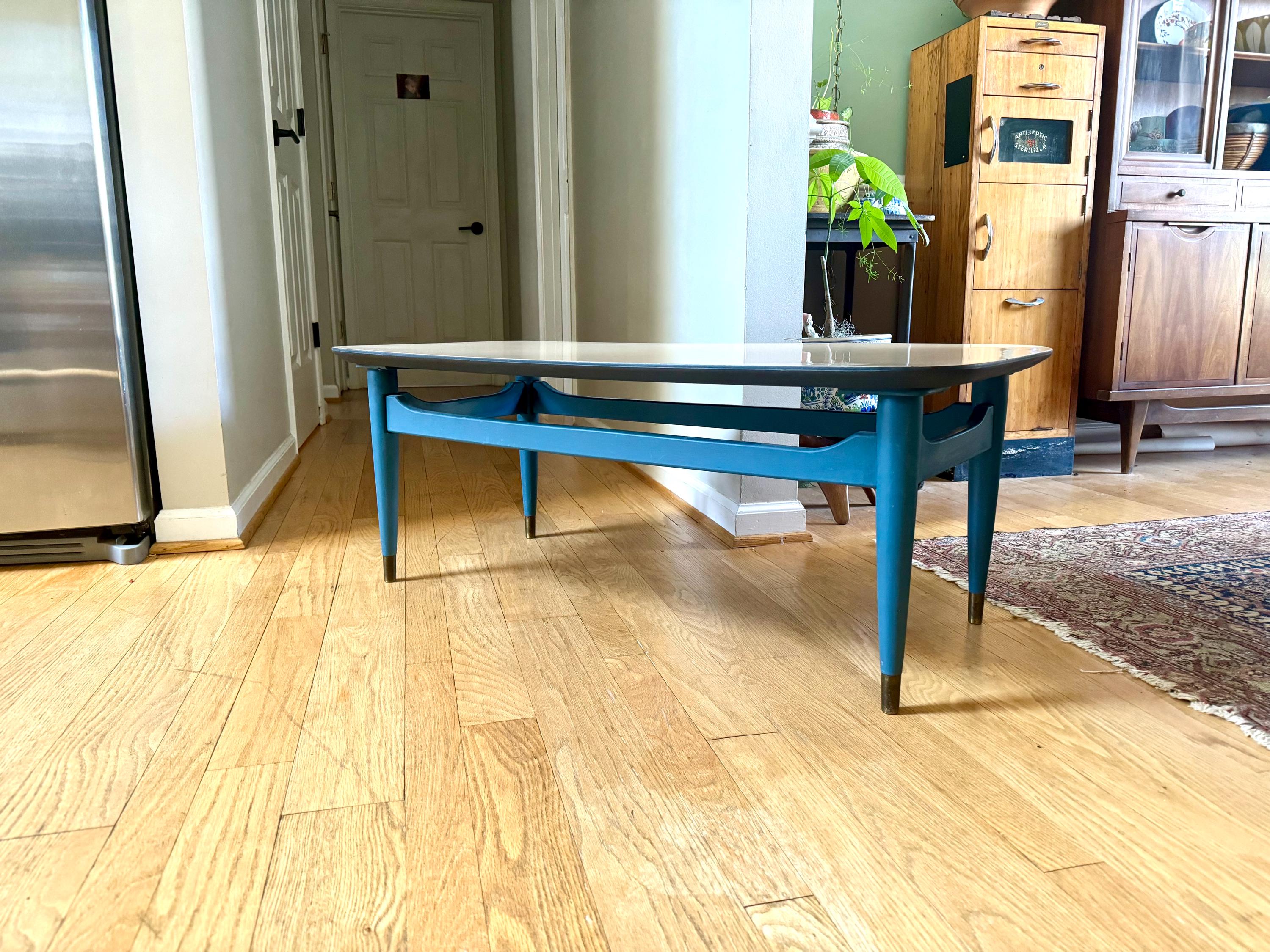 Blue MCM Formica Top Coffee Table | MCM Wood Coffee Table | Wood MCM Coffee Table | Wood Legged McM Table | McM Furniture