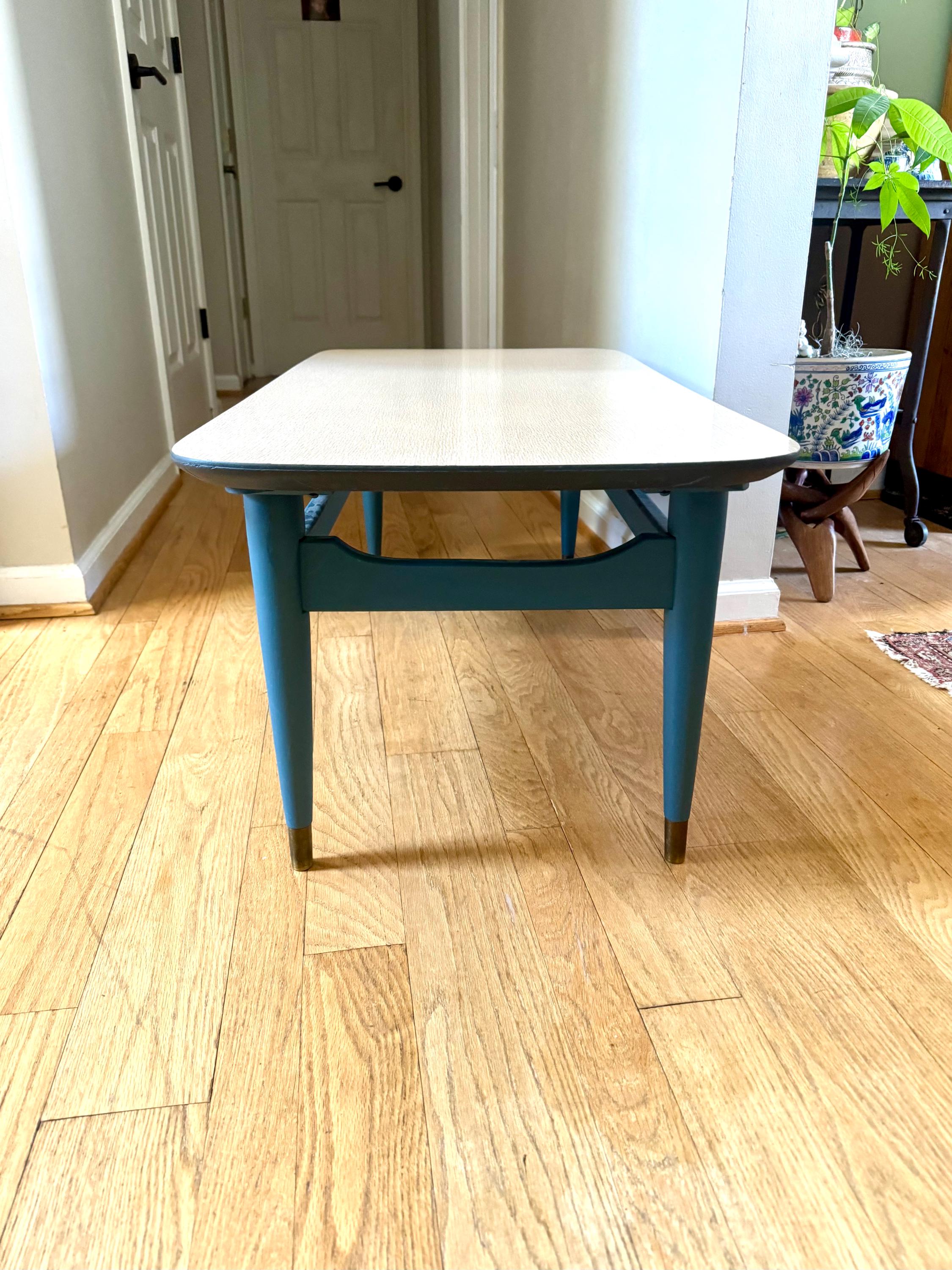 Blue MCM Formica Top Coffee Table | MCM Wood Coffee Table | Wood MCM Coffee Table | Wood Legged McM Table | McM Furniture