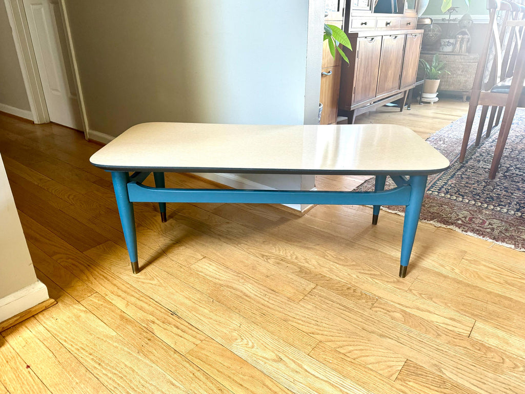 Blue MCM Formica Top Coffee Table | MCM Wood Coffee Table | Wood MCM Coffee Table | Wood Legged McM Table | McM Furniture