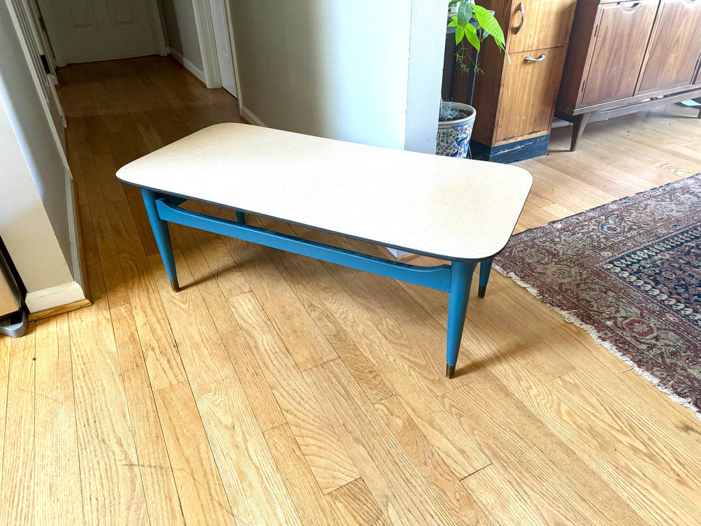 Blue MCM Formica Top Coffee Table | MCM Wood Coffee Table | Wood MCM Coffee Table | Wood Legged McM Table | McM Furniture