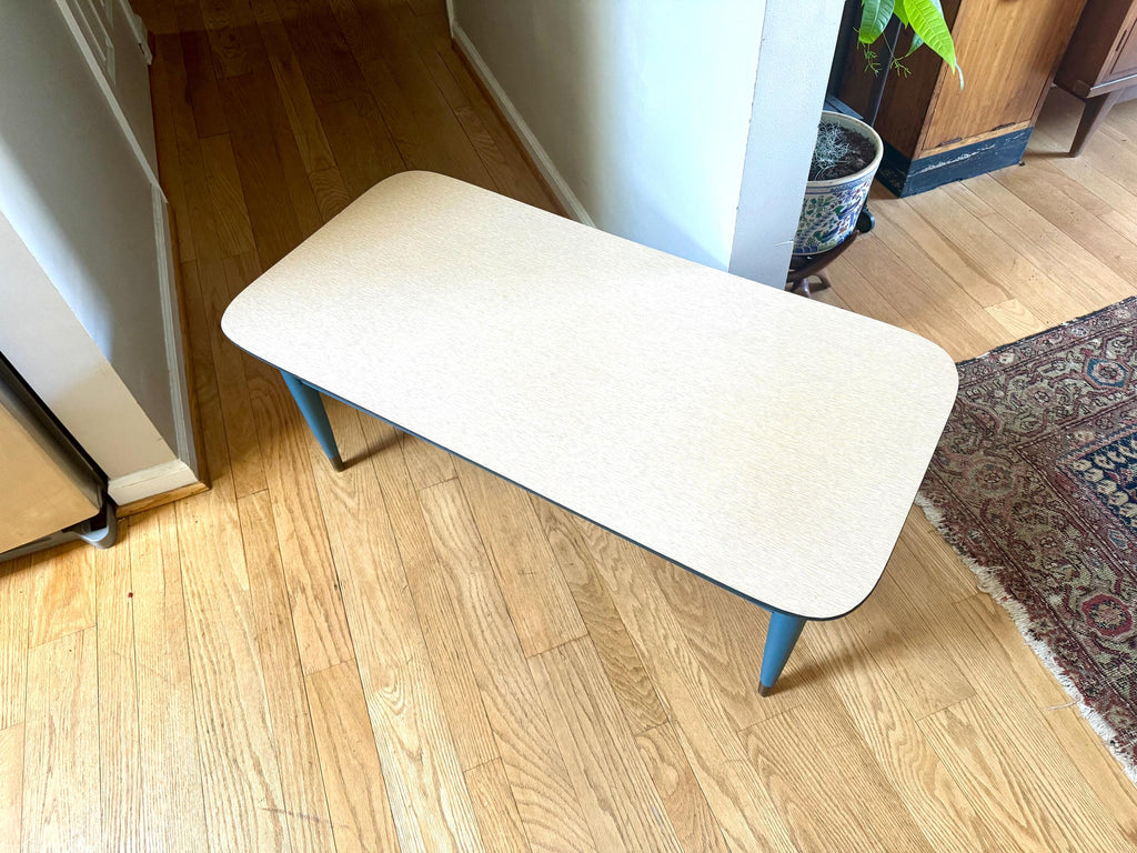 Blue MCM Formica Top Coffee Table | MCM Wood Coffee Table | Wood MCM Coffee Table | Wood Legged McM Table | McM Furniture