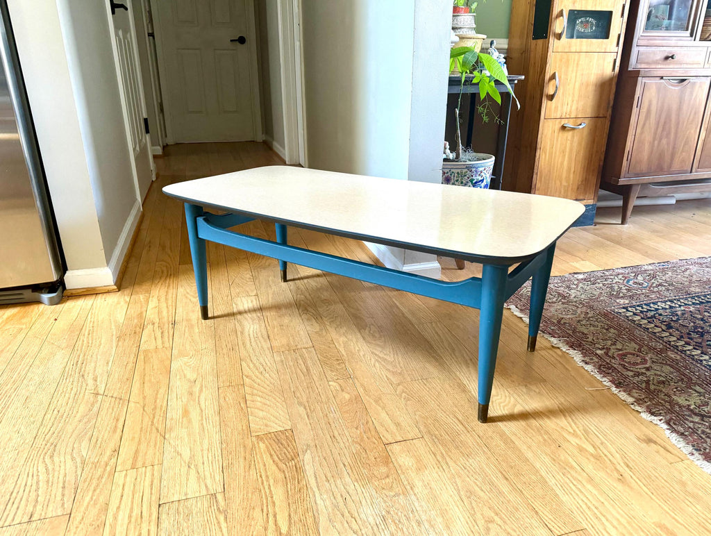 Blue MCM Formica Top Coffee Table | MCM Wood Coffee Table | Wood MCM Coffee Table | Wood Legged McM Table | McM Furniture