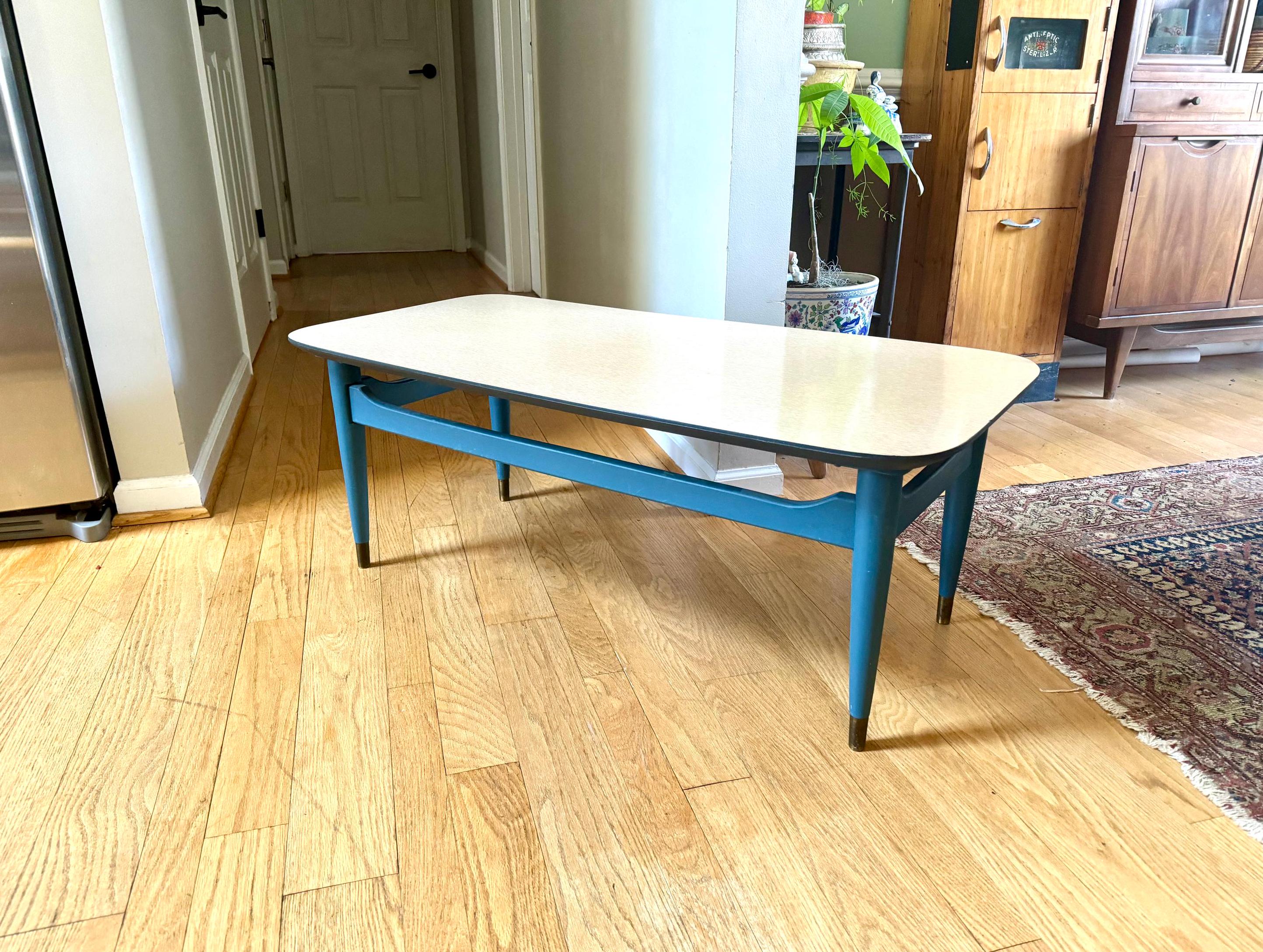 Blue MCM Formica Top Coffee Table | MCM Wood Coffee Table | Wood MCM Coffee Table | Wood Legged McM Table | McM Furniture