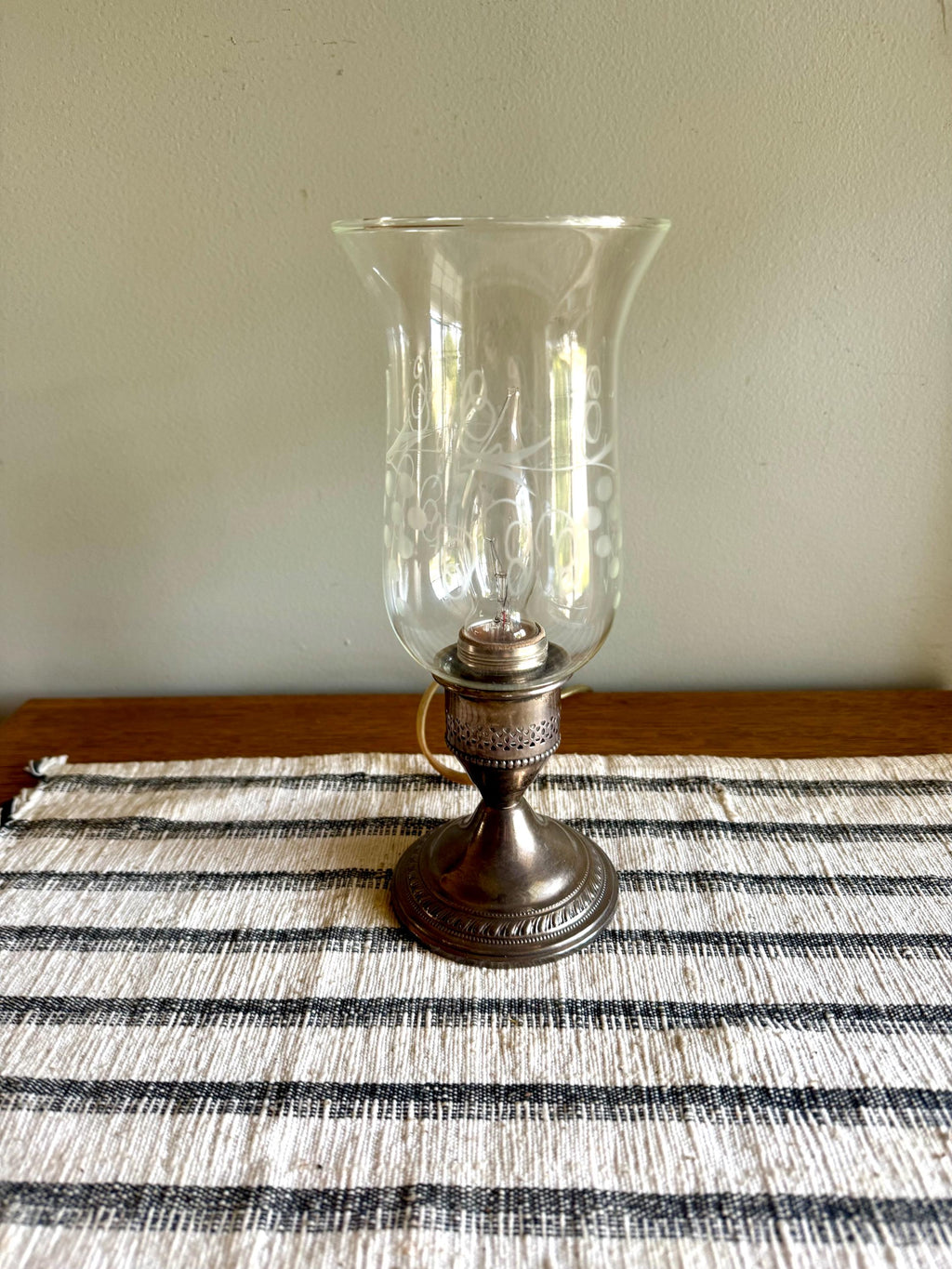 Crest Silver Co. Sterling Hurricane Glass Lamp | Vintage Electric Candlestick Boudoir Lamp | Etched Hurricane Glass Sterling Boudoir Lamp