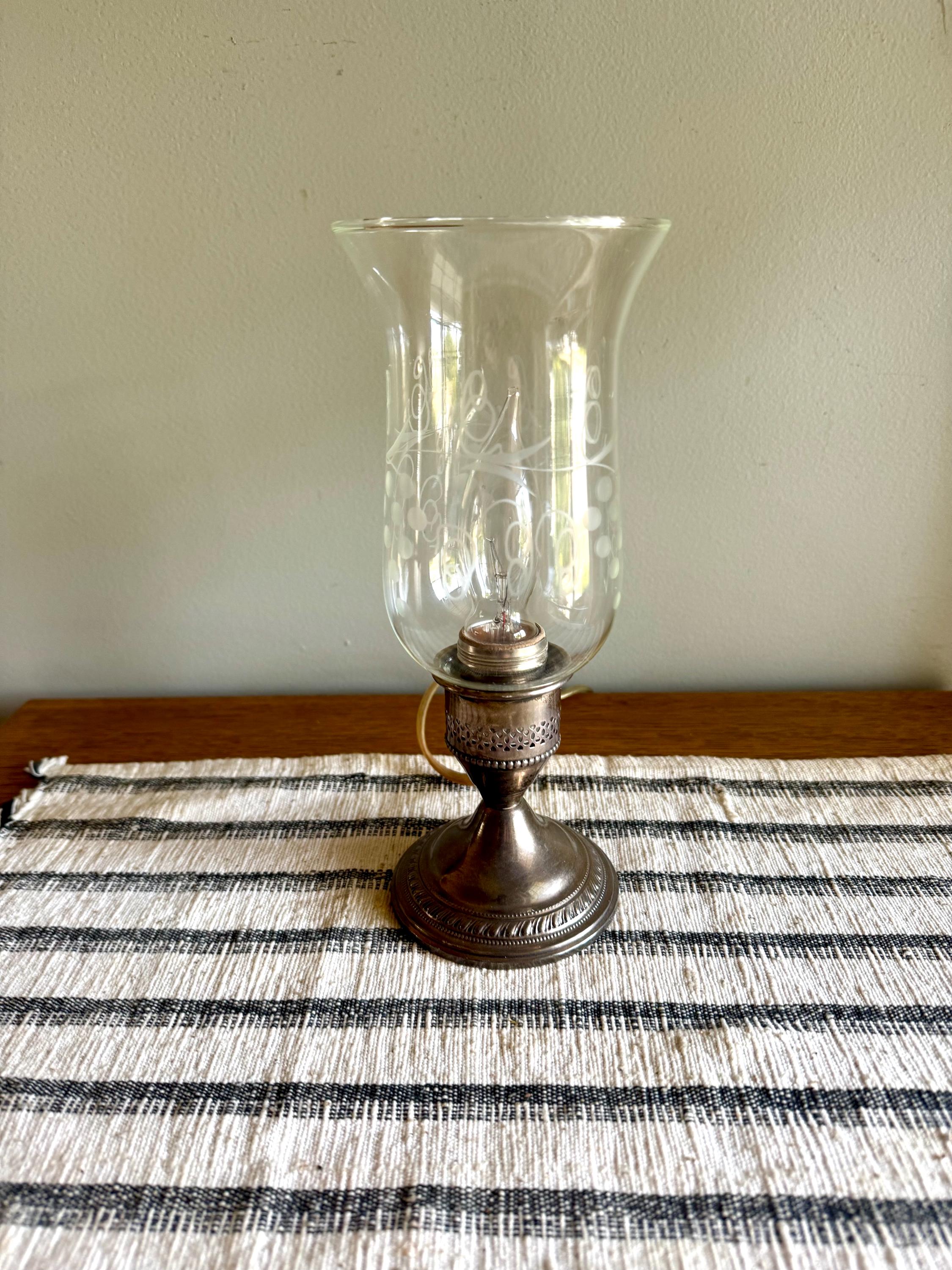 Crest Silver Co. Sterling Hurricane Glass Lamp | Vintage Electric Candlestick Boudoir Lamp | Etched Hurricane Glass Sterling Boudoir Lamp