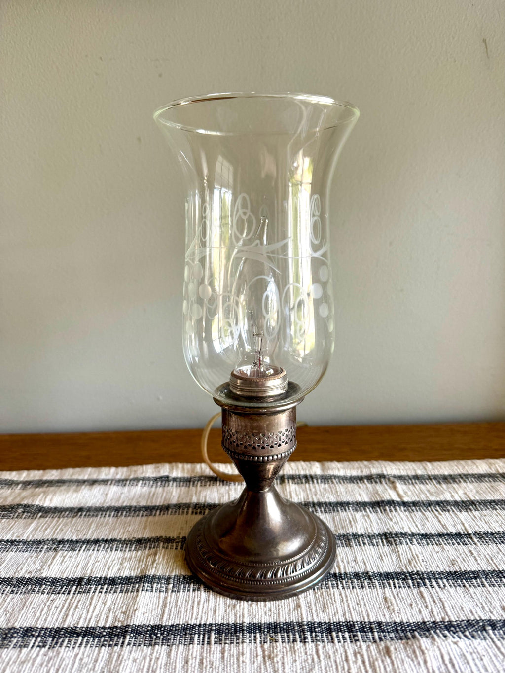 Crest Silver Co. Sterling Hurricane Glass Lamp | Vintage Electric Candlestick Boudoir Lamp | Etched Hurricane Glass Sterling Boudoir Lamp