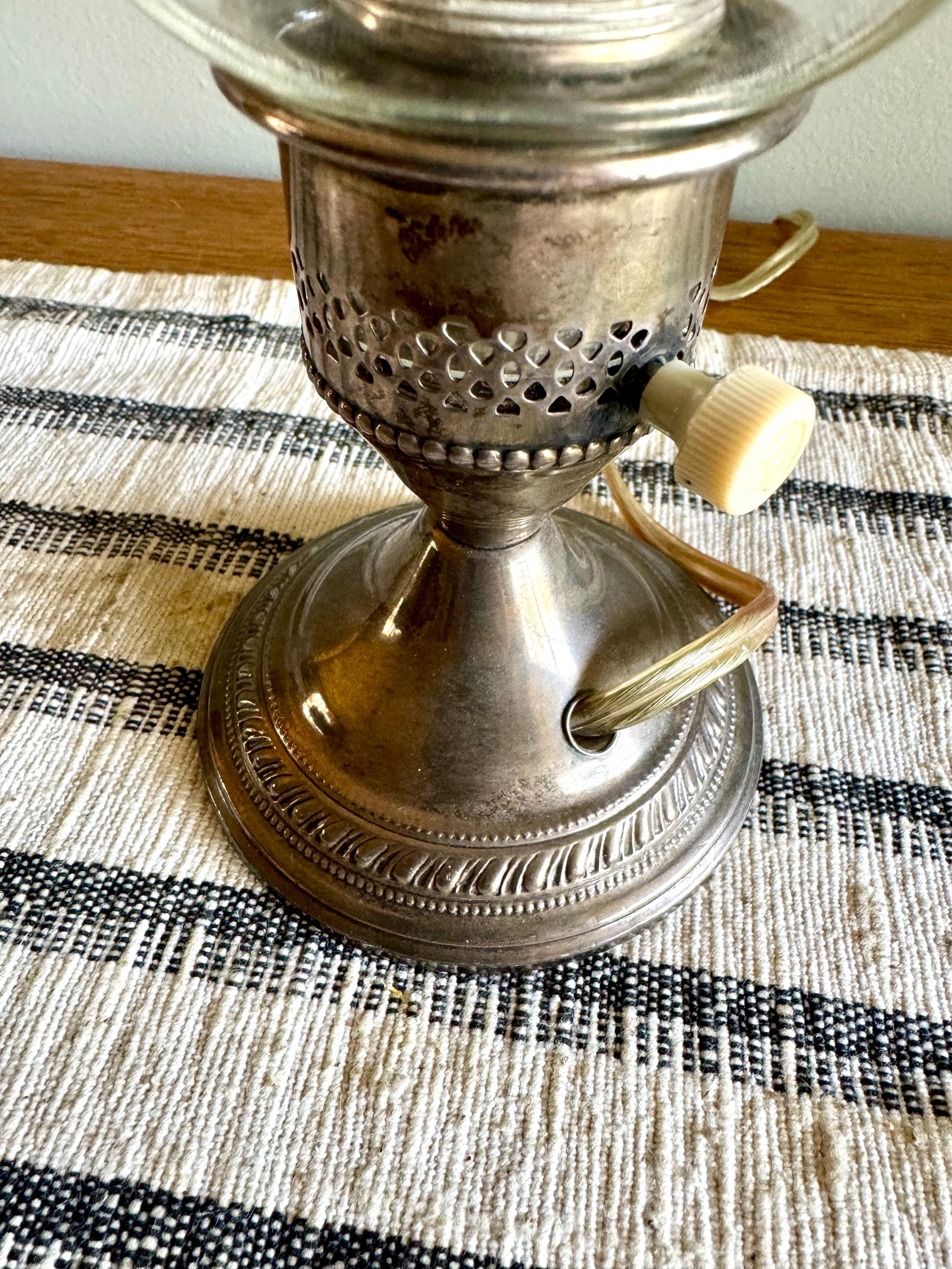 Crest Silver Co. Sterling Hurricane Glass Lamp | Vintage Electric Candlestick Boudoir Lamp | Etched Hurricane Glass Sterling Boudoir Lamp