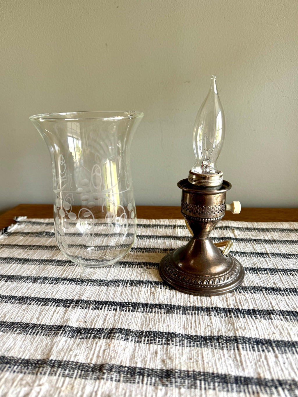 Crest Silver Co. Sterling Hurricane Glass Lamp | Vintage Electric Candlestick Boudoir Lamp | Etched Hurricane Glass Sterling Boudoir Lamp