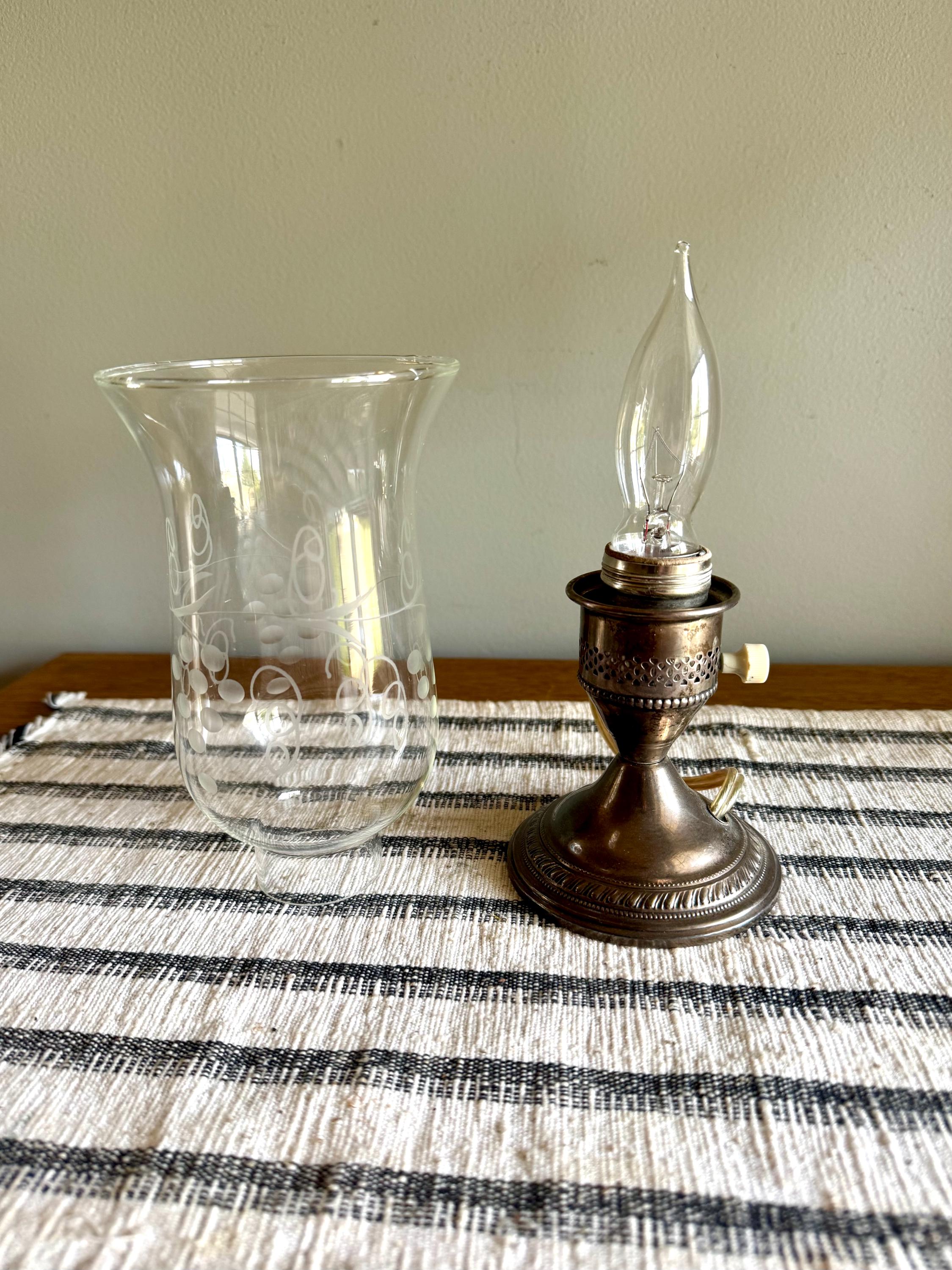 Crest Silver Co. Sterling Hurricane Glass Lamp | Vintage Electric Candlestick Boudoir Lamp | Etched Hurricane Glass Sterling Boudoir Lamp