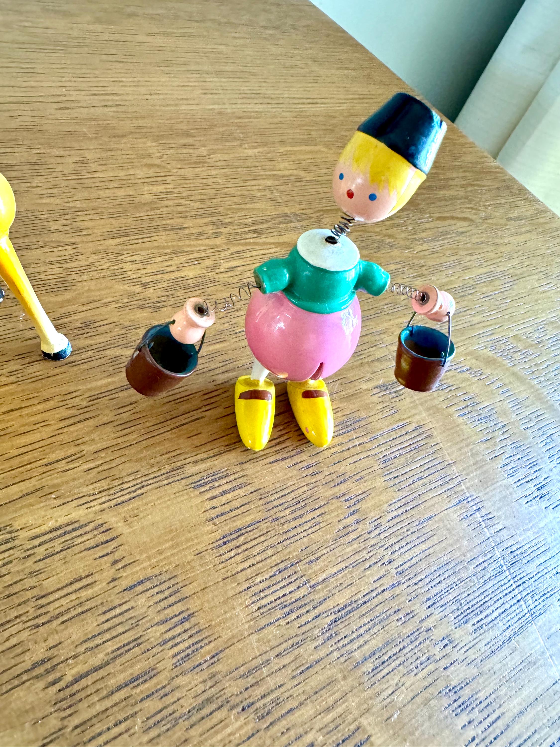 A Vintage Set of 3 Goula Spain Wood Whimsical Figurines | Spanish Wood Bobblehead Figurines | Hand Painted Wooden Figurines