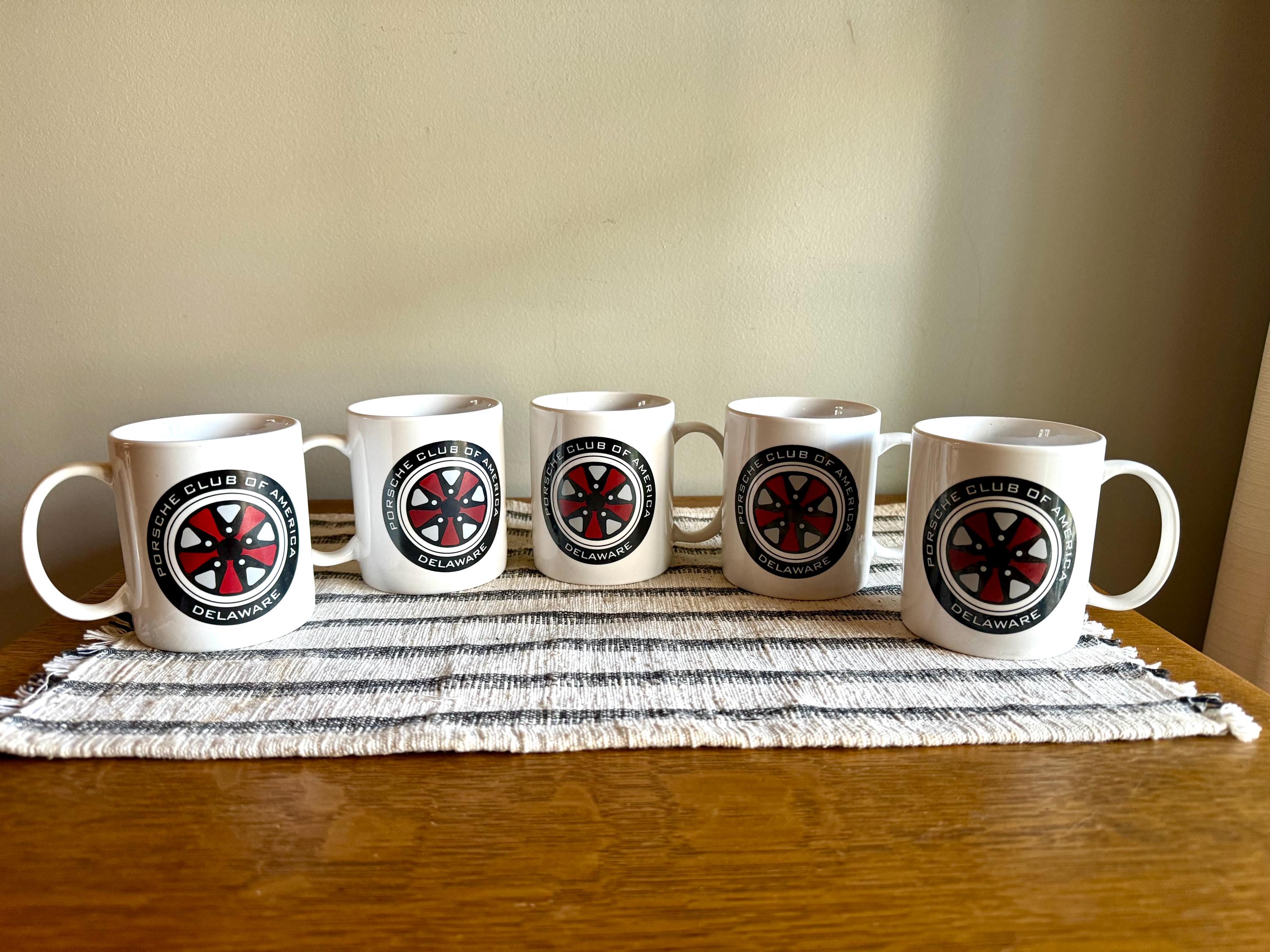 Set of 5 Porsche Club of America Coffee Cups | Vintage Porsche Club of America Delaware Coffee Mugs | Porsche Wheel Mugs | Car Decor