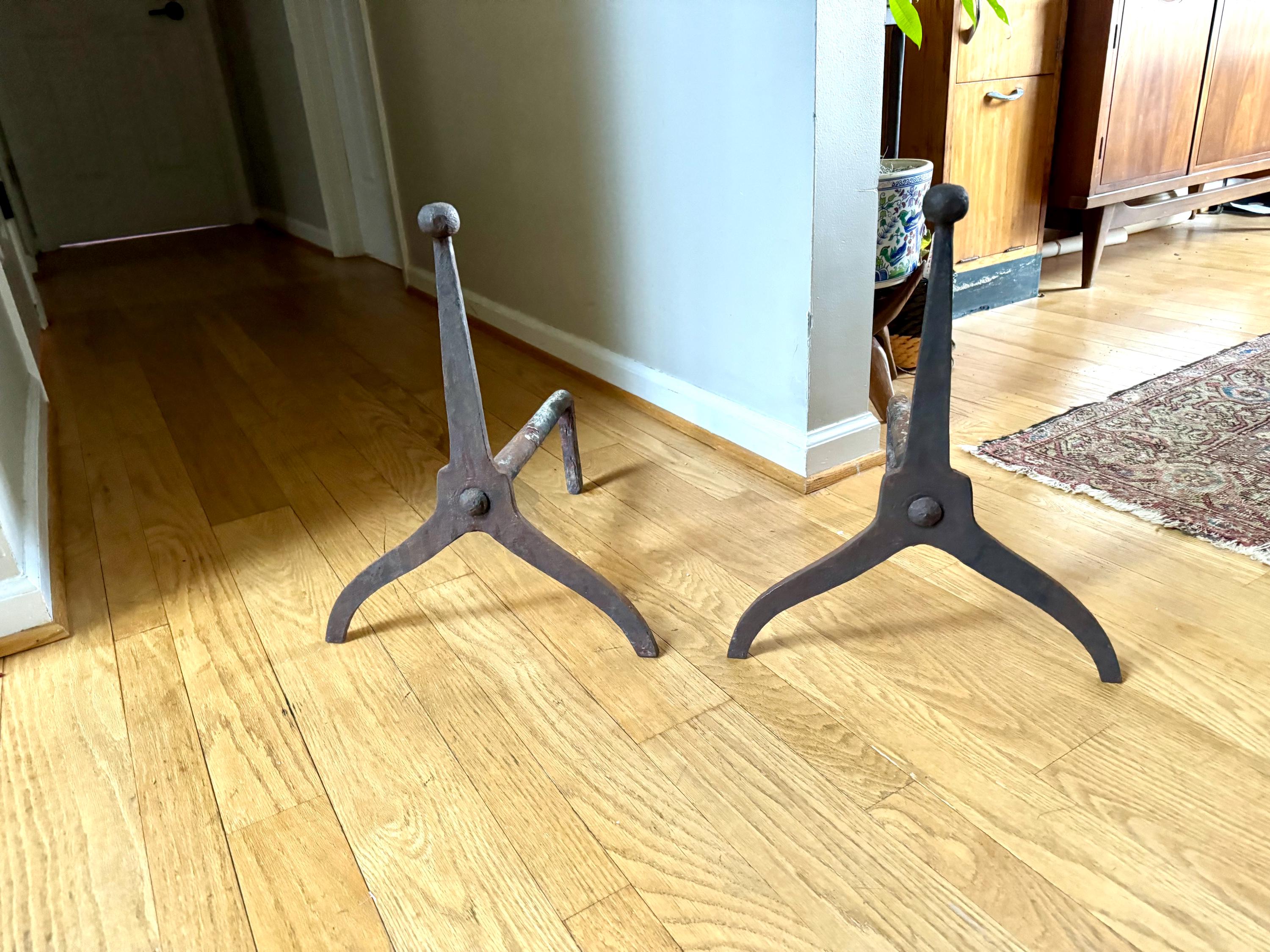 Antique Iron Primitive Andirons | Rustic Distressed Cast Iron Andirons | Pair Of Rustic Andirons | Cast Iron Firedogs| Rustic Early Andirons