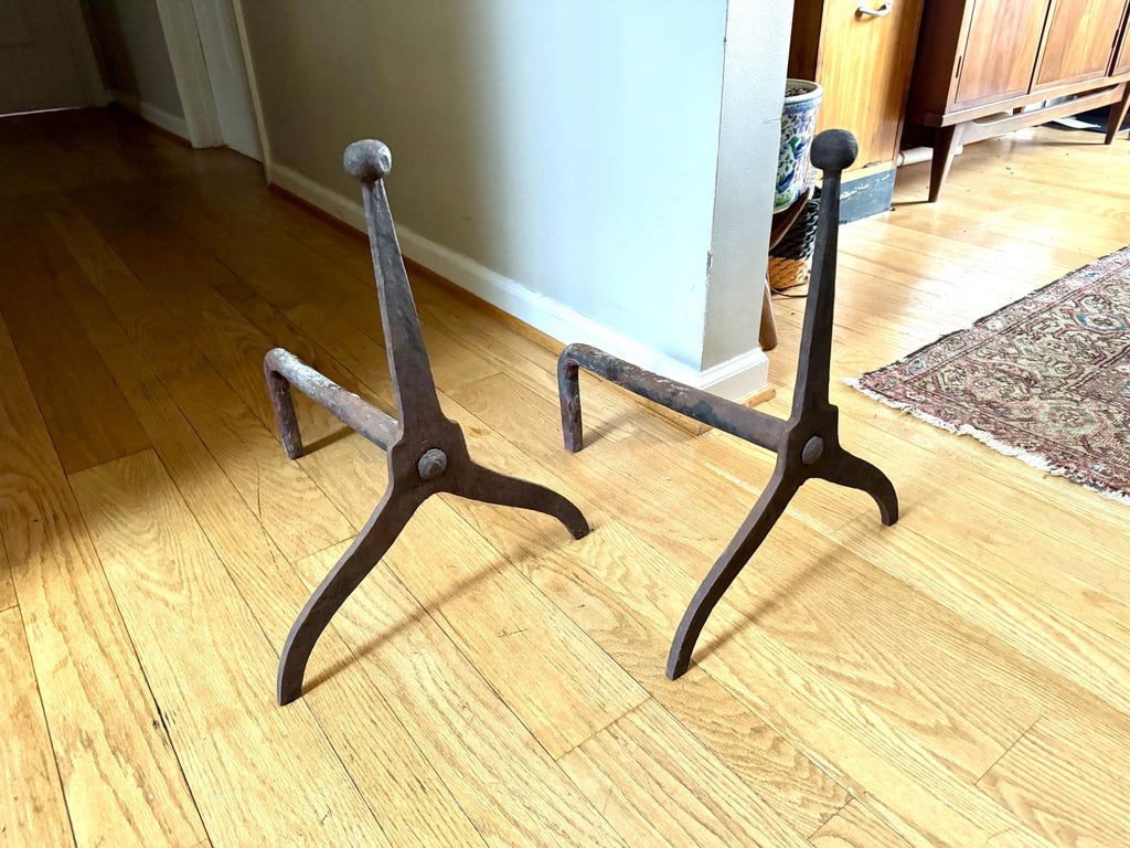Antique Iron Primitive Andirons | Rustic Distressed Cast Iron Andirons | Pair Of Rustic Andirons | Cast Iron Firedogs| Rustic Early Andirons