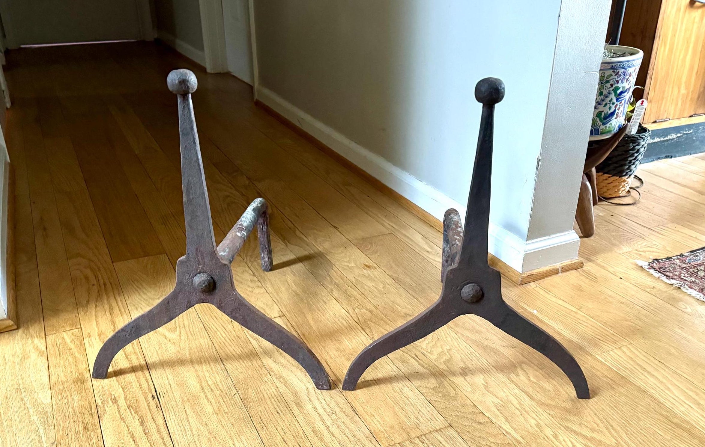 Antique Iron Primitive Andirons | Rustic Distressed Cast Iron Andirons | Pair Of Rustic Andirons | Cast Iron Firedogs| Rustic Early Andirons