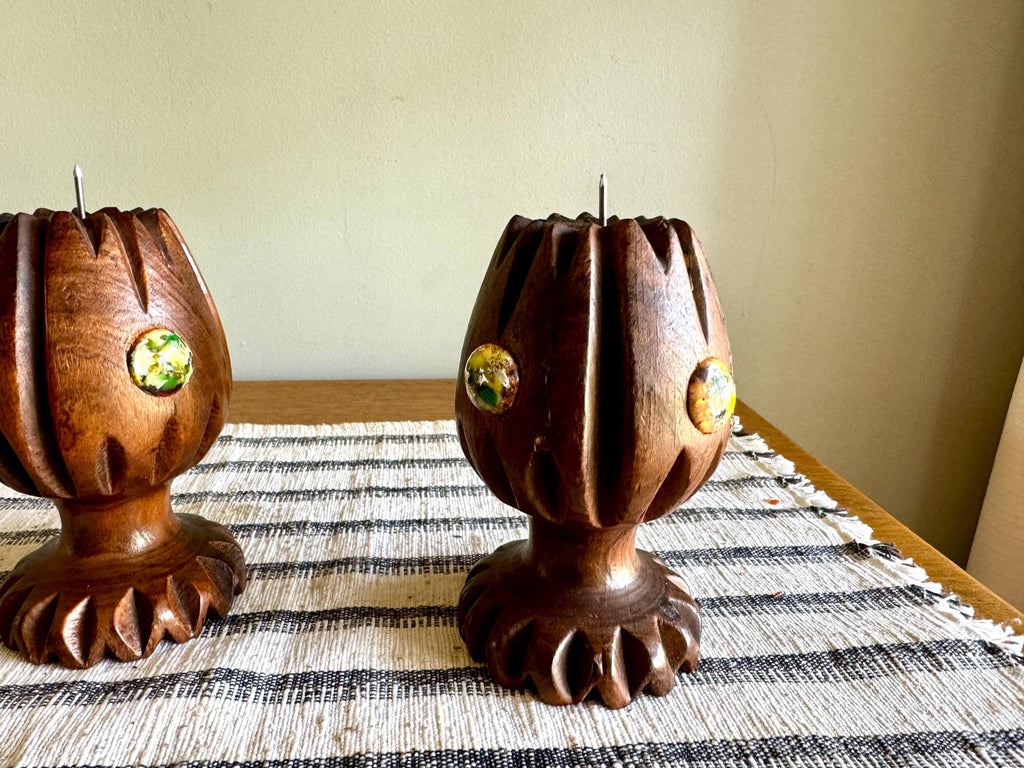 Vtg Pair of Spanish Wood Candle Holders | Hand Carved Wood Candleholders | Spanish Carved Candlestick Holders | Boho Decor