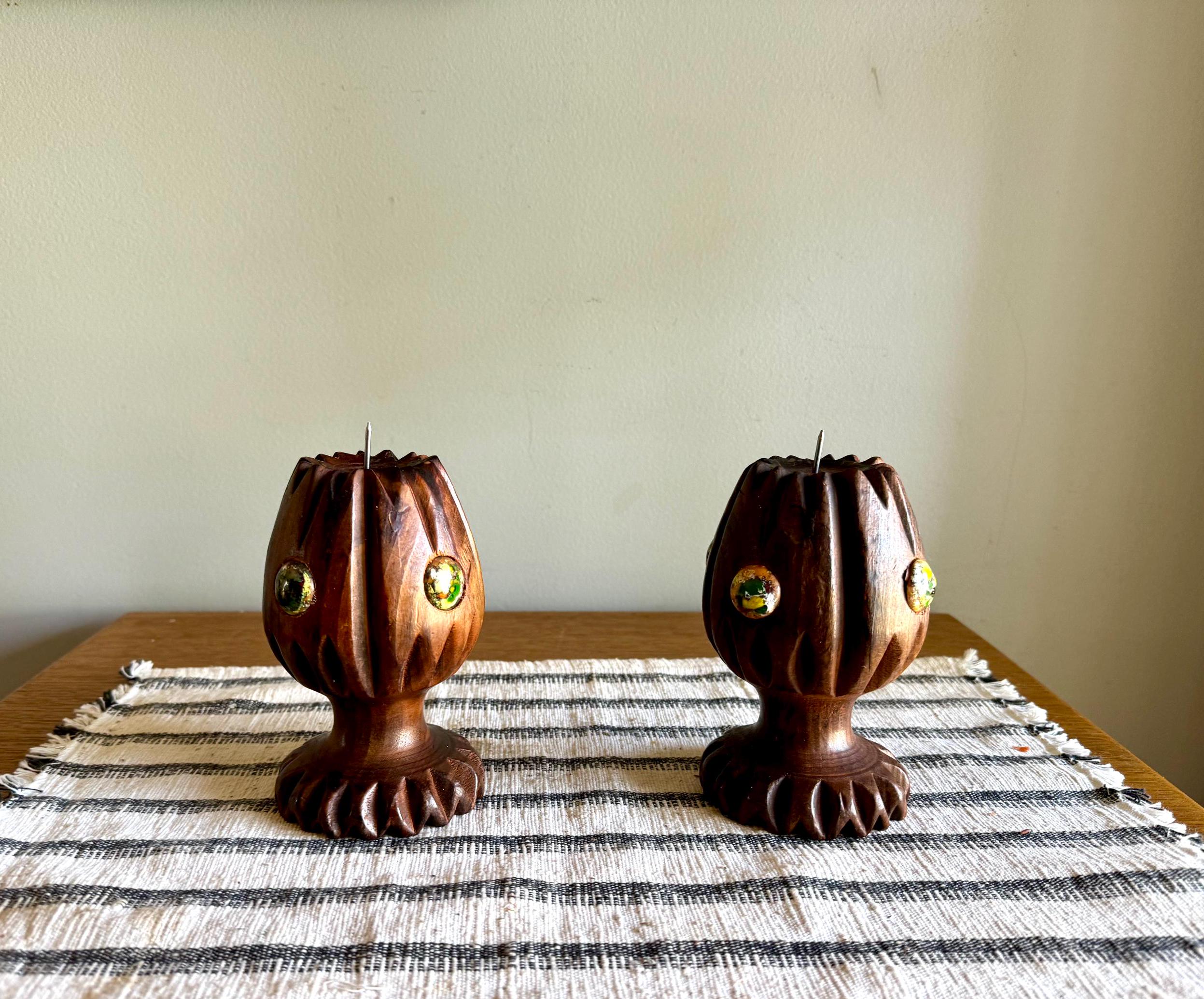Vtg Pair of Spanish Wood Candle Holders | Hand Carved Wood Candleholders | Spanish Carved Candlestick Holders | Boho Decor