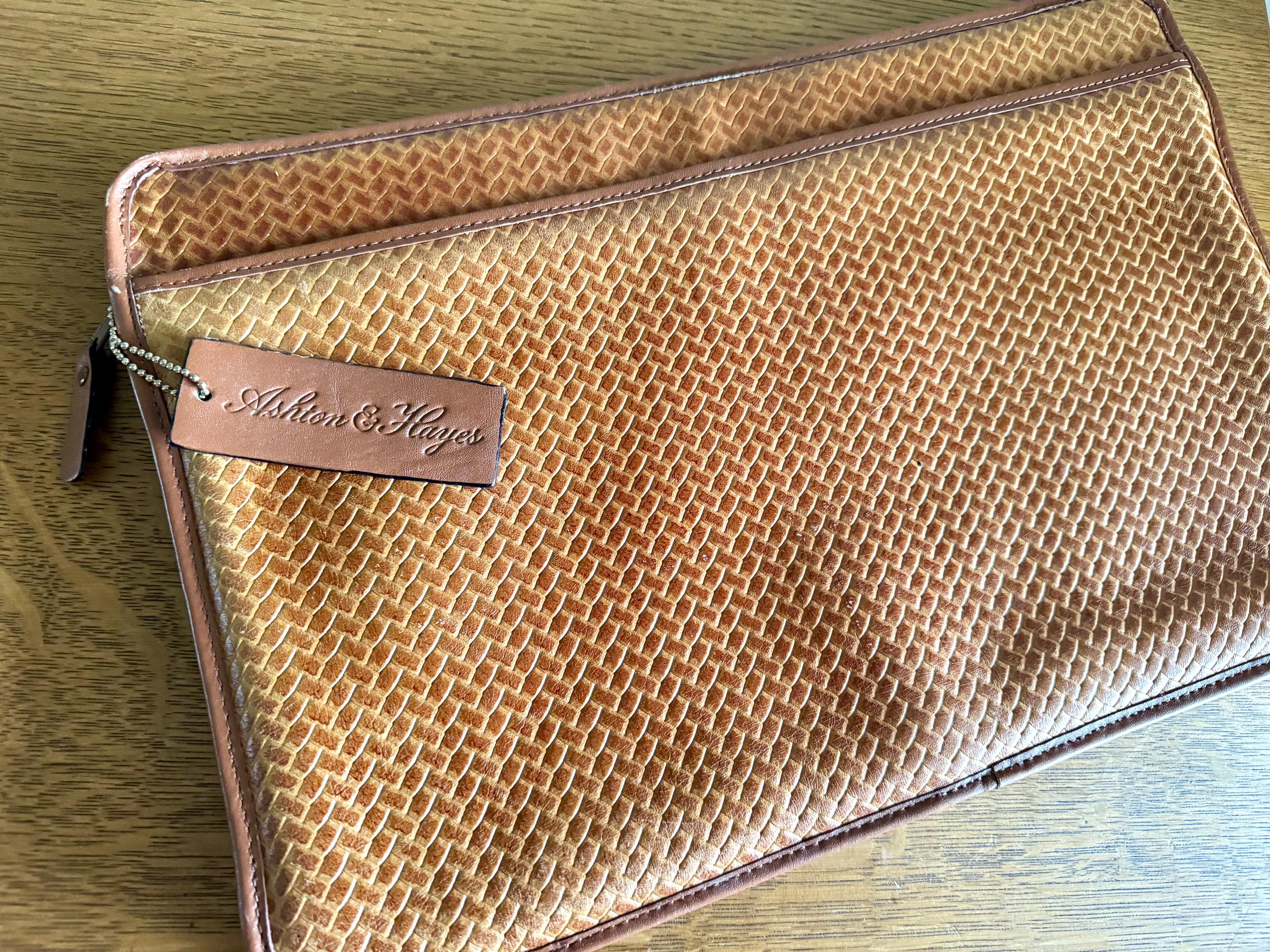 Vtg Ashton & Hayes Computer Bag | Woven Leather Design Messenger Bag | Zipper Top Leather Designer Computer Bag| Leather Computer Sleeve