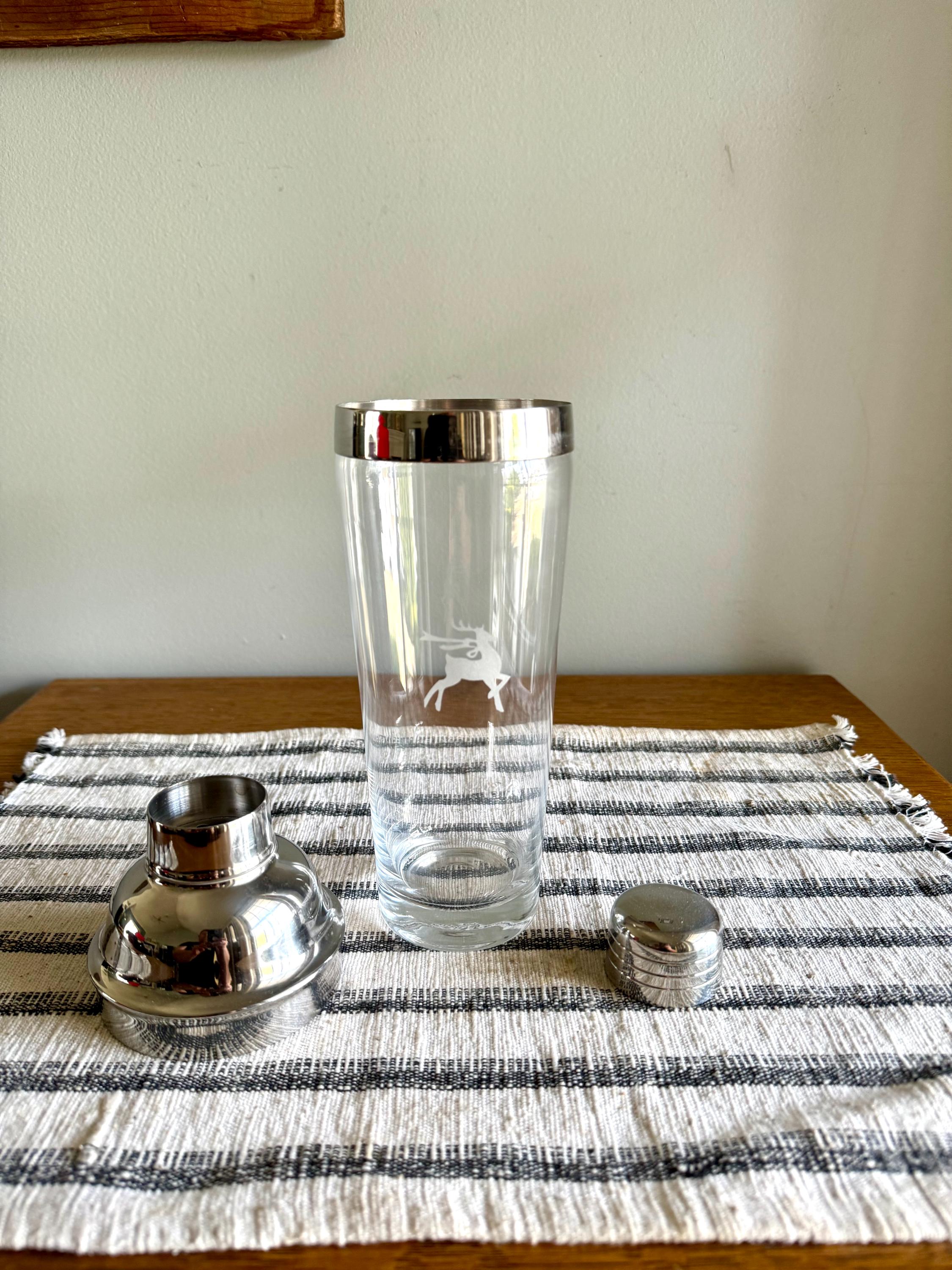 Vtg MCM Gorham Glass Cocktail Shaker | MCM Glass and Chrome Shaker | Gorham Glass Barware | Etched Reindeer Martini Shaker