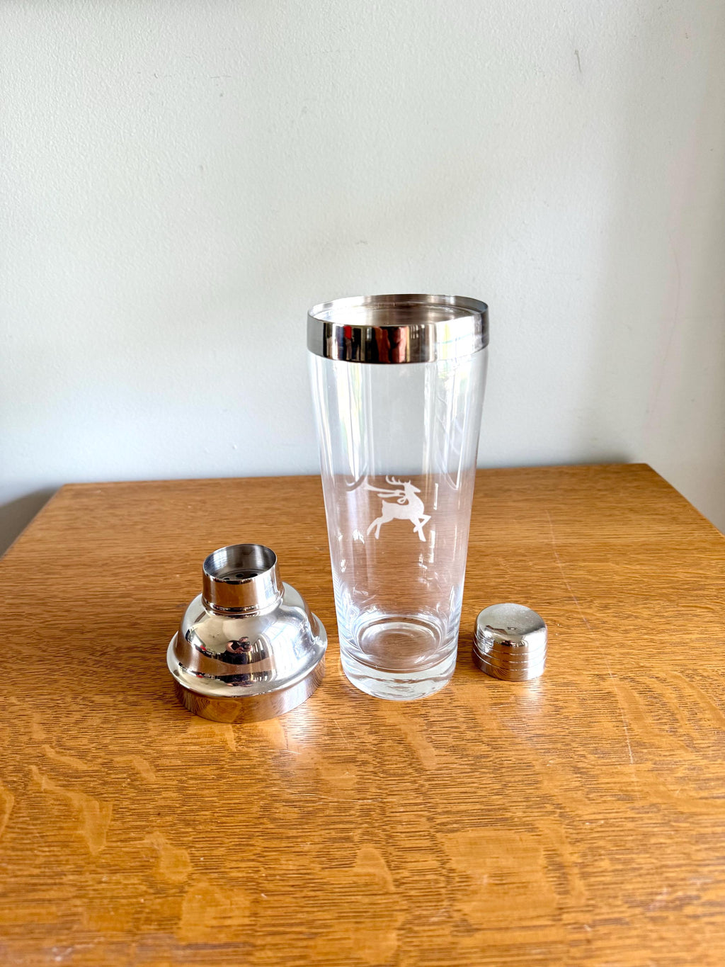 Vtg MCM Gorham Glass Cocktail Shaker | MCM Glass and Chrome Shaker | Gorham Glass Barware | Etched Reindeer Martini Shaker