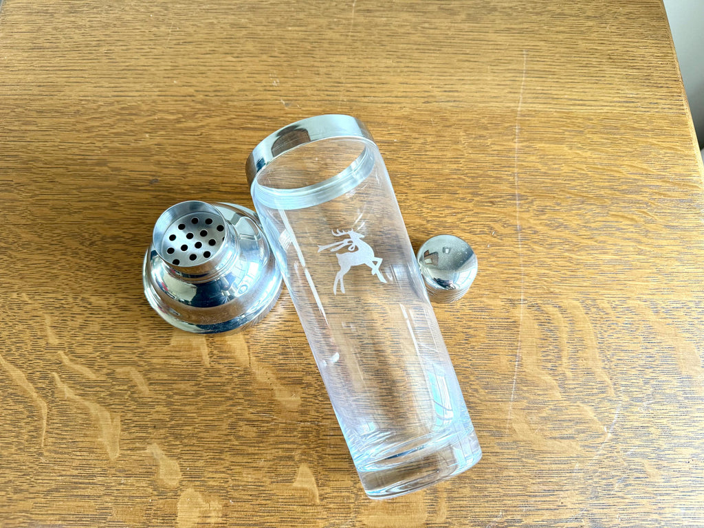 Vtg MCM Gorham Glass Cocktail Shaker | MCM Glass and Chrome Shaker | Gorham Glass Barware | Etched Reindeer Martini Shaker