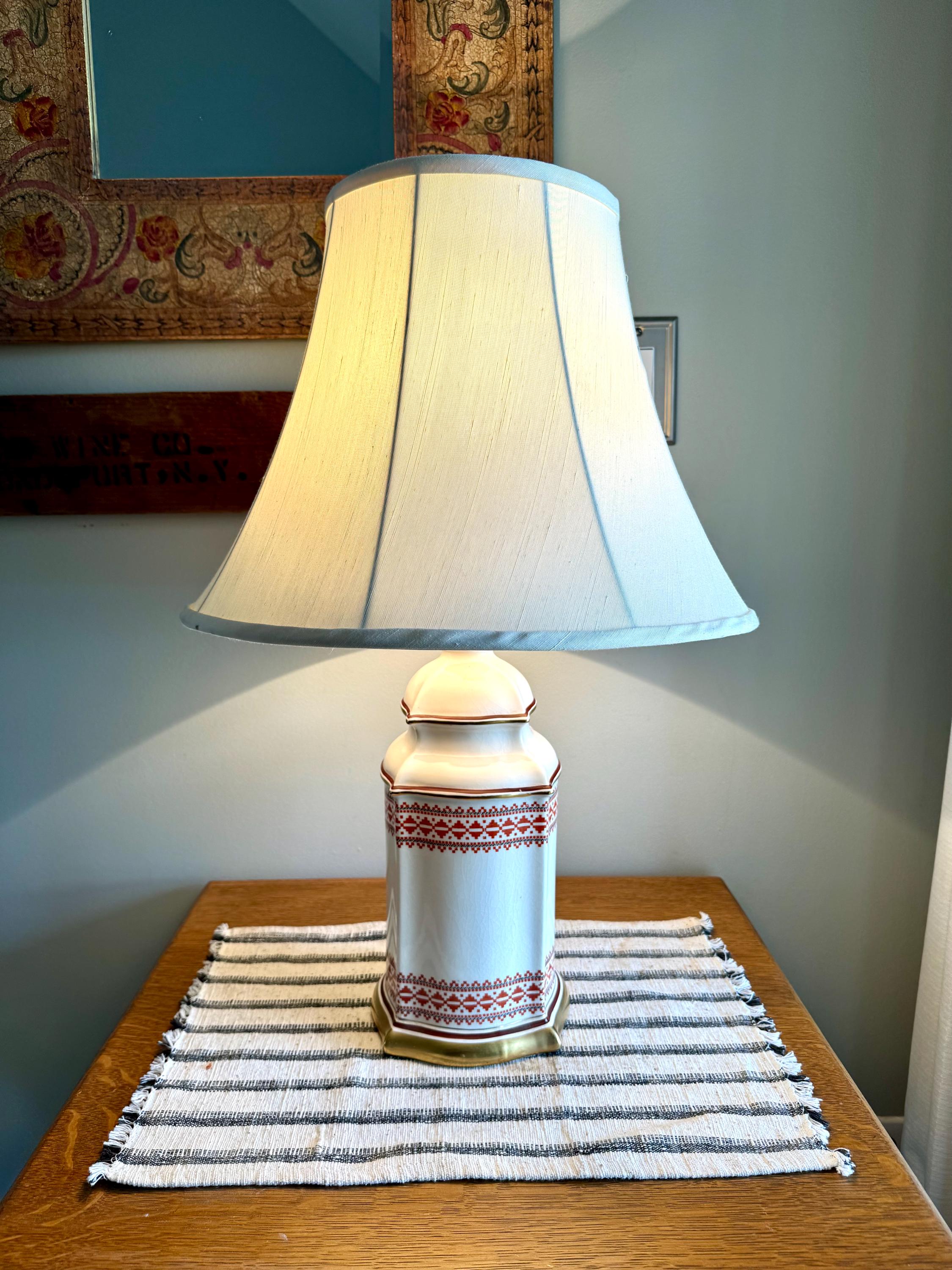 Vtg Mid Century Ceramic Red Embroidered Pattern Gilded Lamp| Elegant Table Lamp| Red Embroidered Pattern Table Lamp (Shade Not Included)