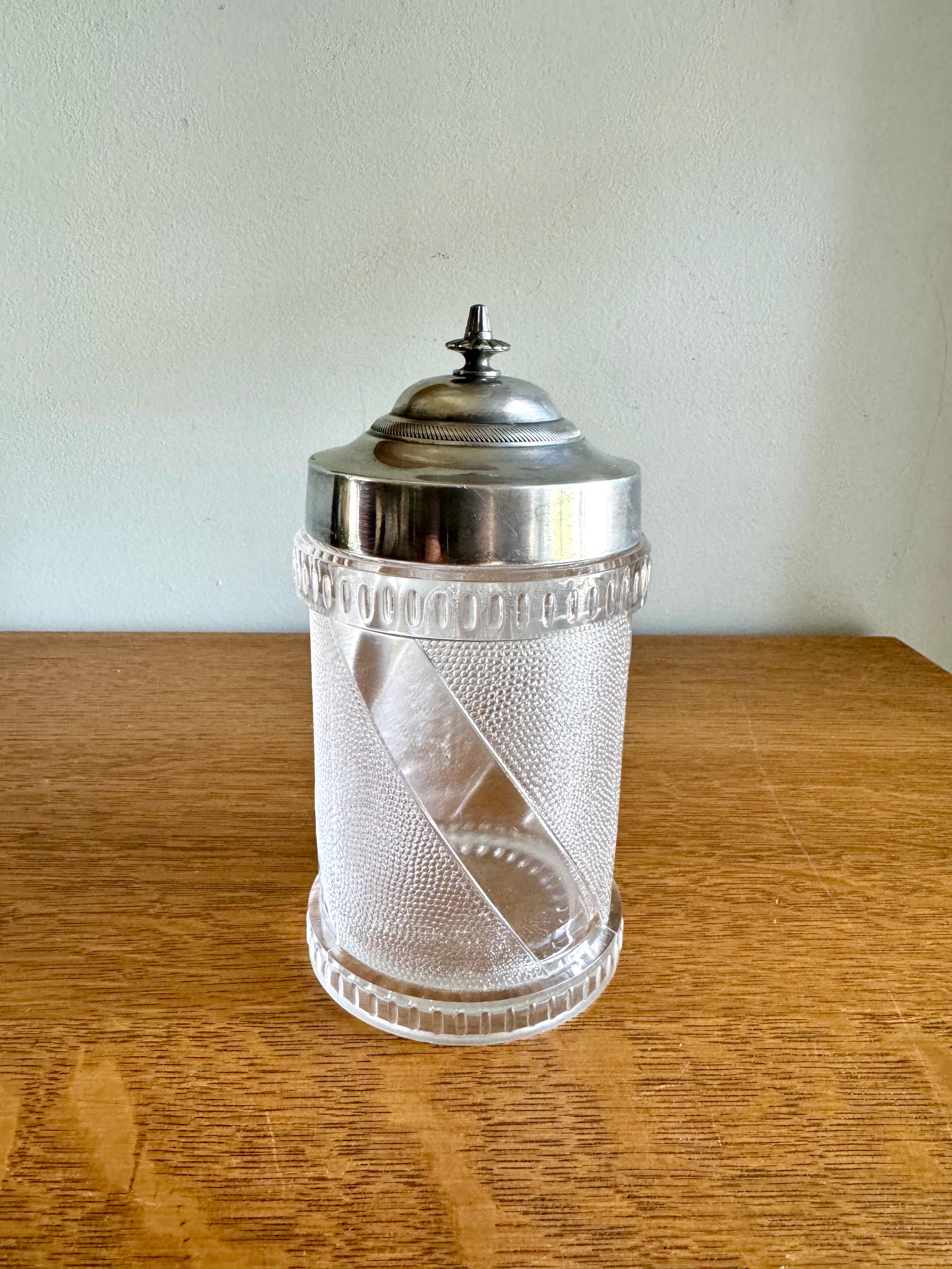 Vtg Glass and Silver Canister | Barber Design Glass Jar | Textured Glass Canister Jar | Ornate Glass Pickle Jar | Star Bottom Glass Jar