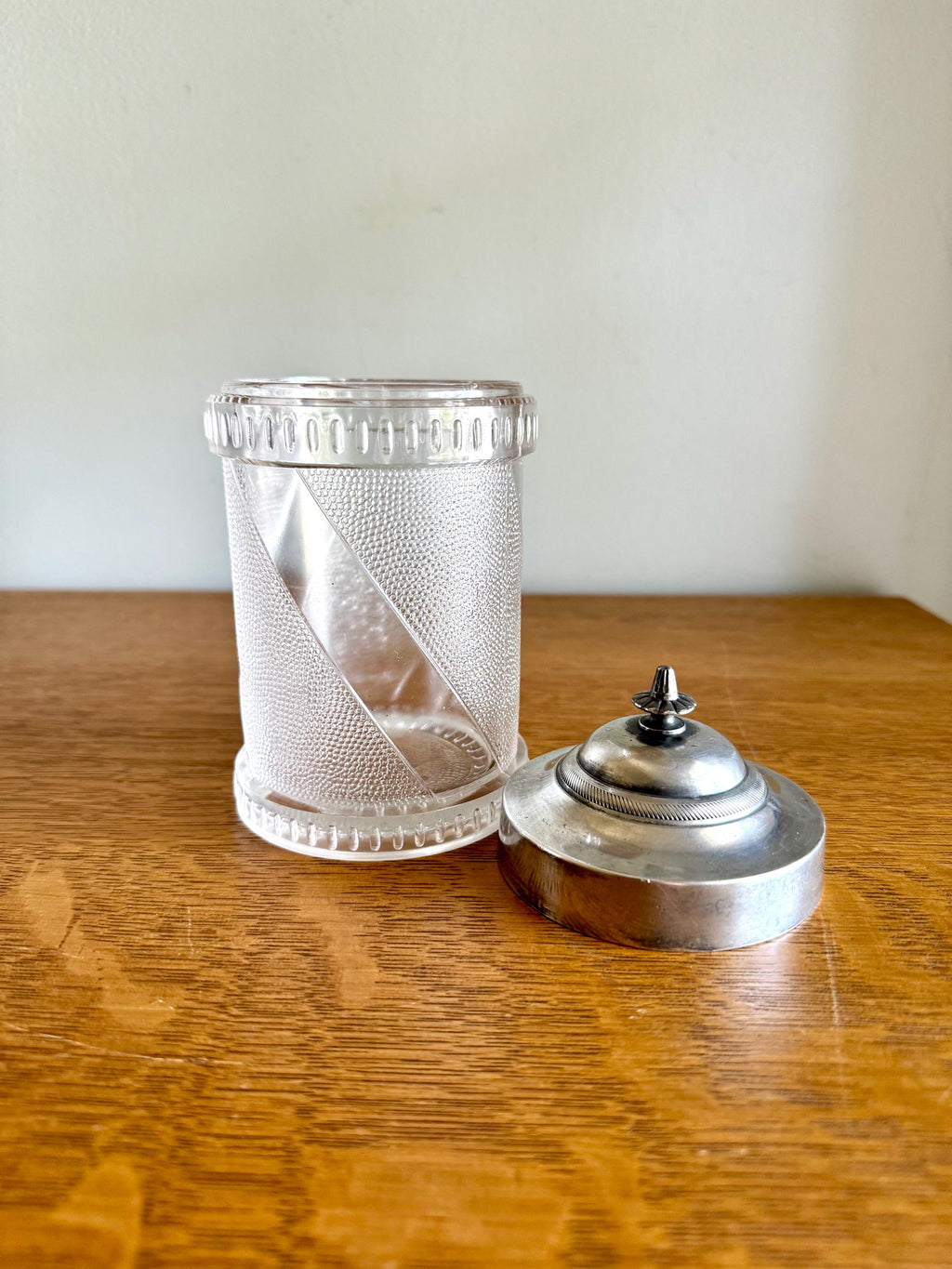 Vtg Glass and Silver Canister | Barber Design Glass Jar | Textured Glass Canister Jar | Ornate Glass Pickle Jar | Star Bottom Glass Jar