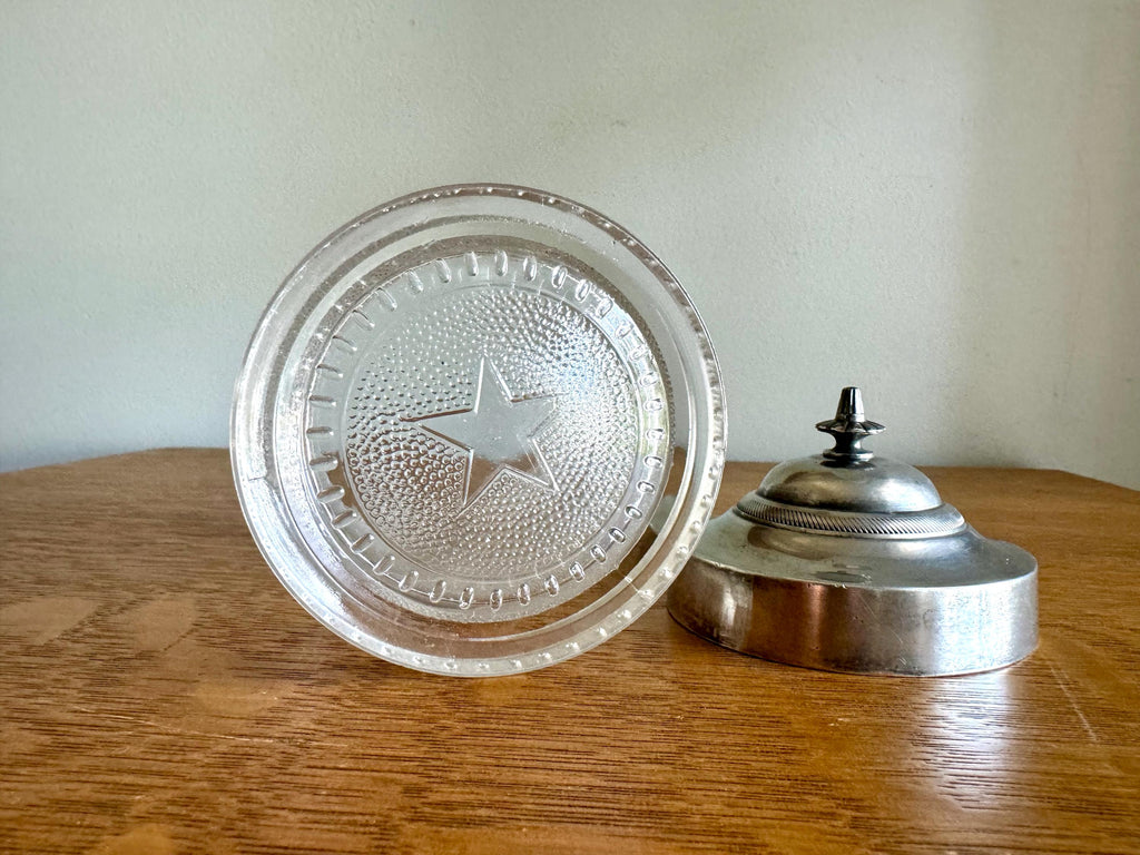 Vtg Glass and Silver Canister | Barber Design Glass Jar | Textured Glass Canister Jar | Ornate Glass Pickle Jar | Star Bottom Glass Jar