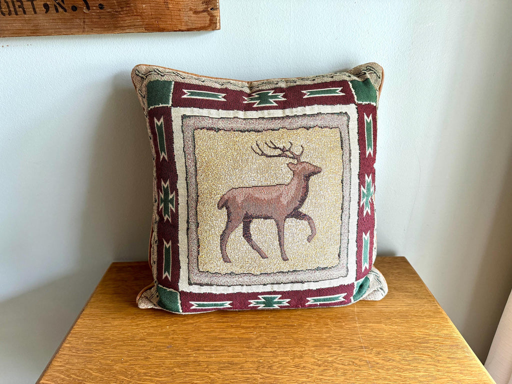 Vtg Dick Idol Furniture Designer Style Woven Deer Tapestry Pillow | Dick Idol Style Tapestry Pillow | Leather and Tapestry Cabin Pillow