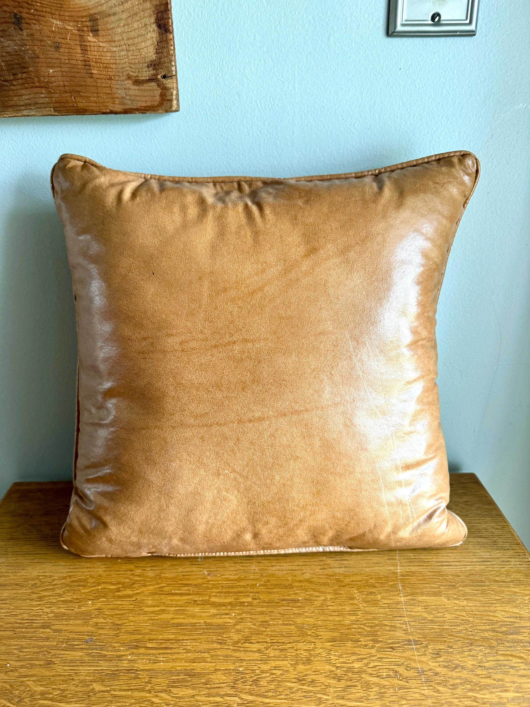 Vtg Dick Idol Furniture Designer Style Woven Deer Tapestry Pillow | Dick Idol Style Tapestry Pillow | Leather and Tapestry Cabin Pillow