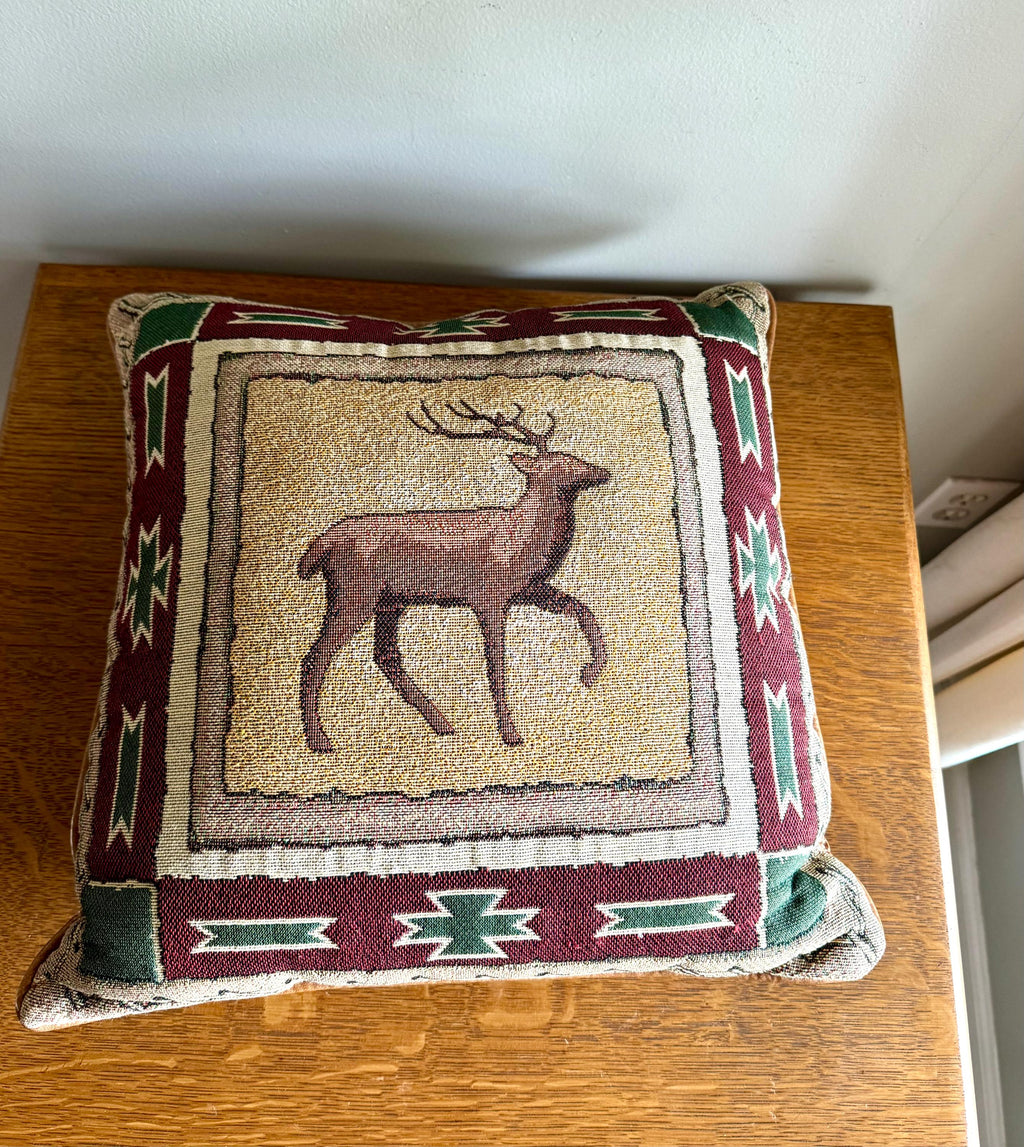 Vtg Dick Idol Furniture Designer Style Woven Deer Tapestry Pillow | Dick Idol Style Tapestry Pillow | Leather and Tapestry Cabin Pillow
