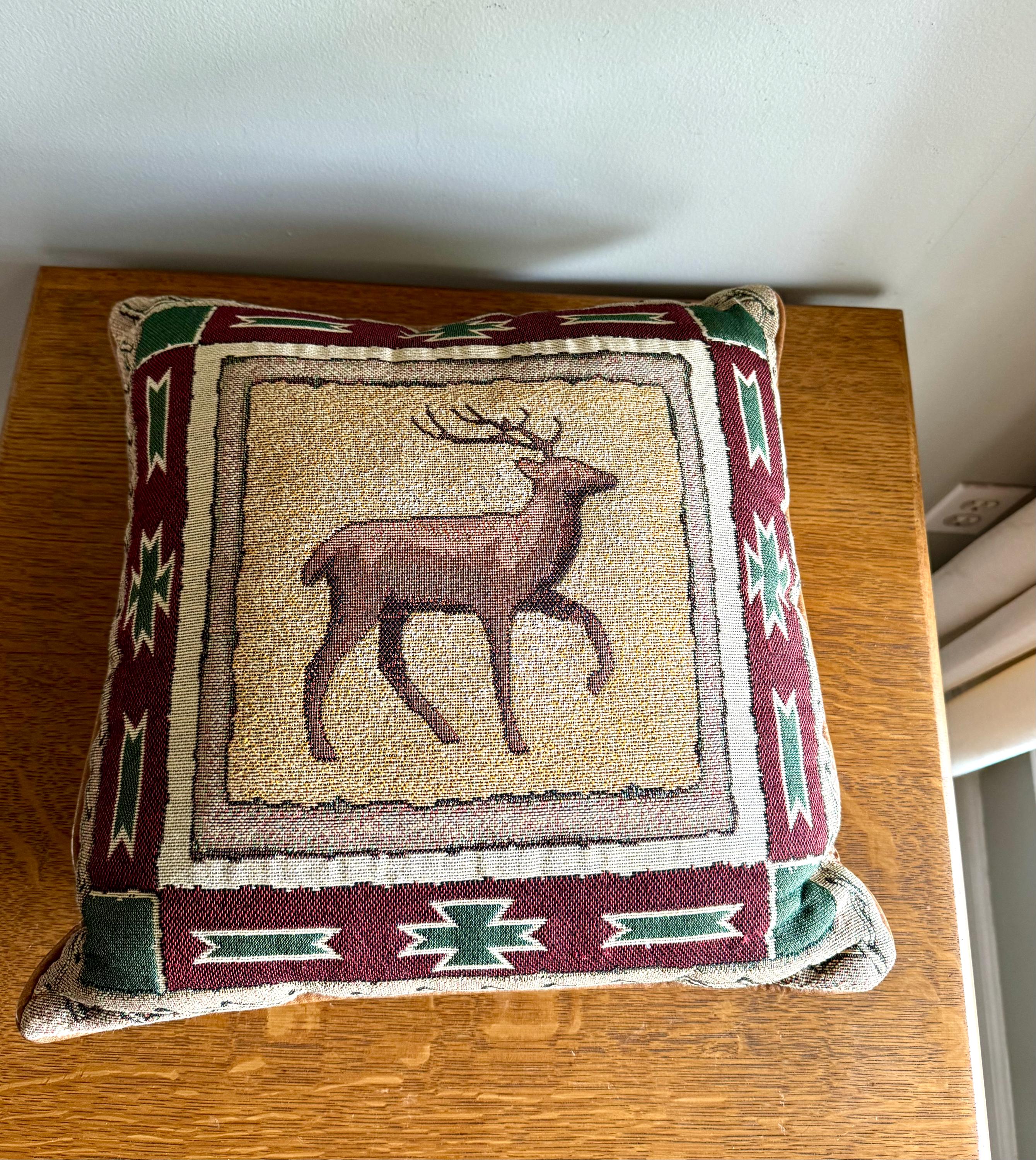 Vtg Dick Idol Furniture Designer Style Woven Deer Tapestry Pillow | Dick Idol Style Tapestry Pillow | Leather and Tapestry Cabin Pillow